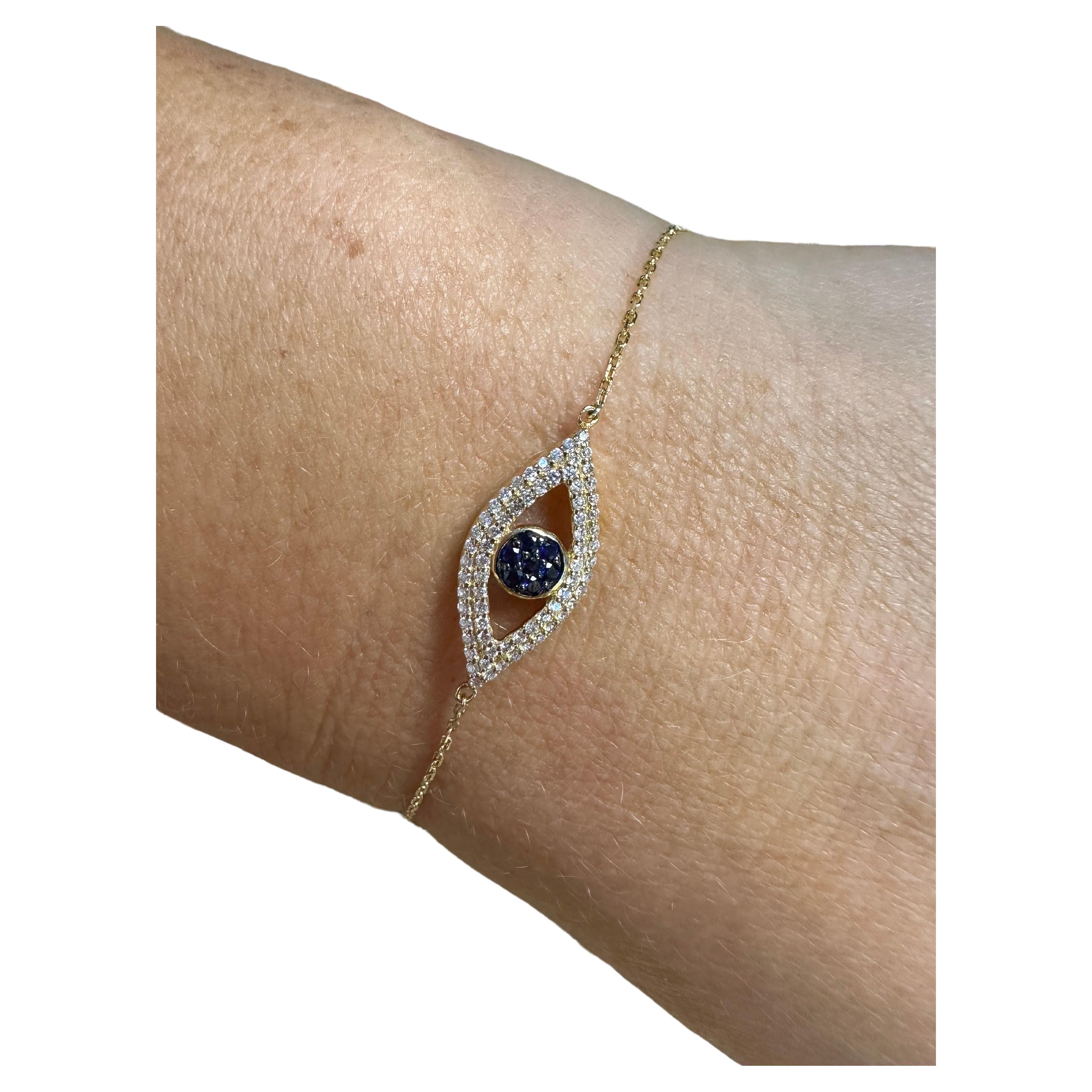 Dainty Evil Eye diamond bracelet in 14KT gold.

Metal Type: 14KT
Small sapphires:0.10ct (natural)
Natural Diamond(s): 
Color: F-G
Cut:Round Brilliant
Carat: 0.25ct
Clarity: VS-SI (average)
Item: T1400
Certificate of authenticity comes with