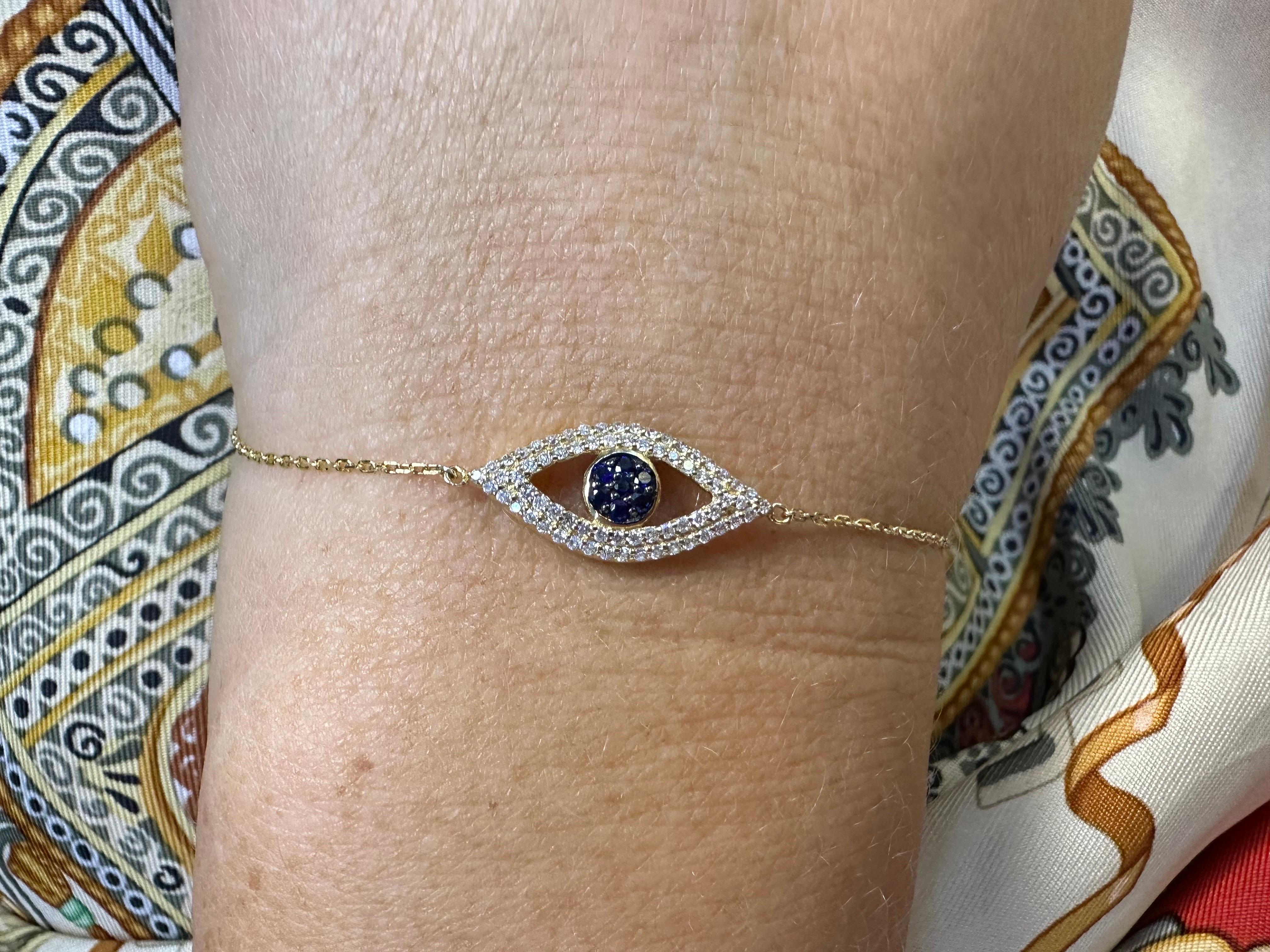 Evil eye diamond bracelet 14kt yellow gold  In New Condition For Sale In Boca Raton, FL