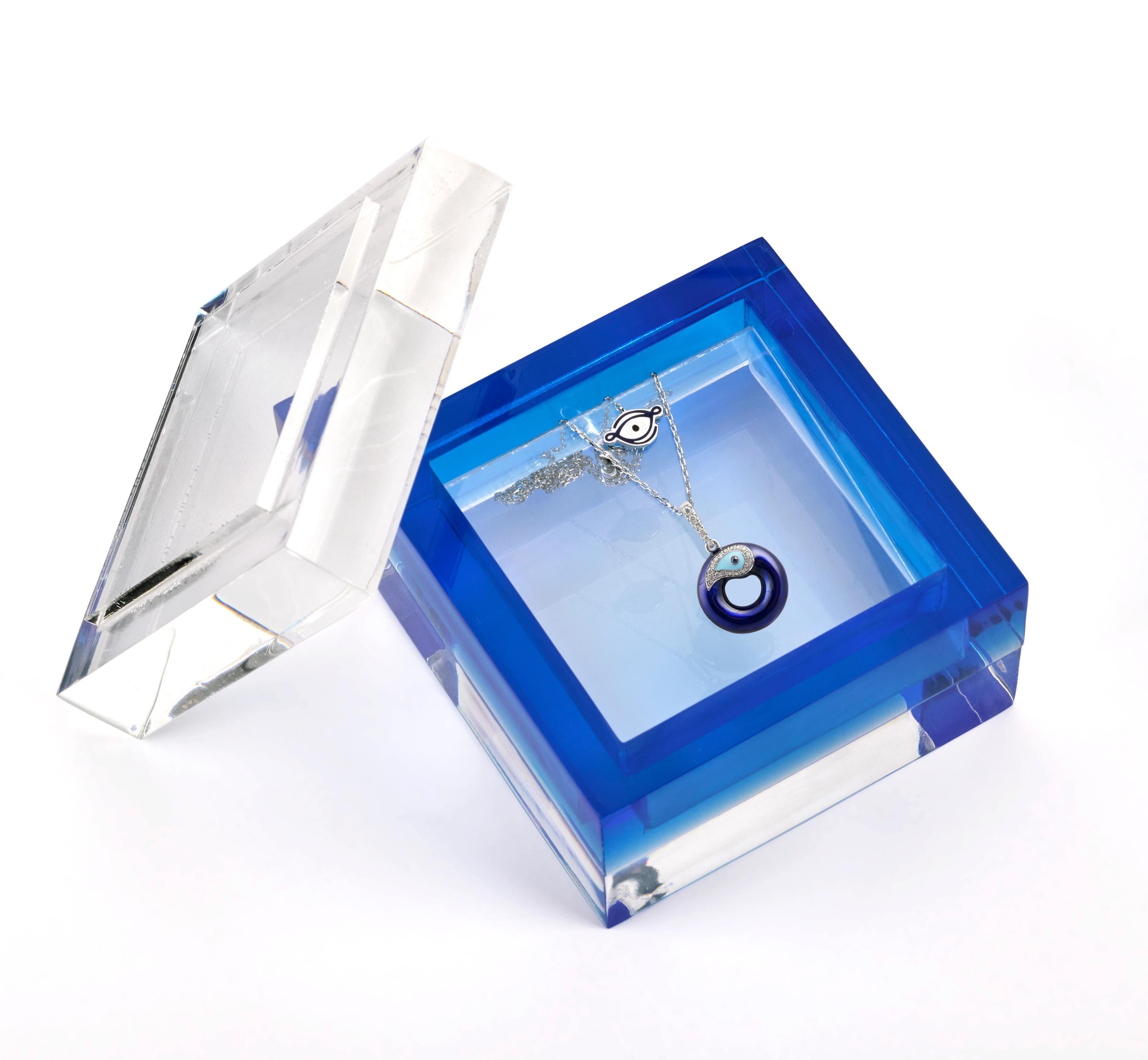 Artisan Evil Eye Diamond Charm Necklace Letter O, 14K White Gold Handcraft Blue Enamel For Sale