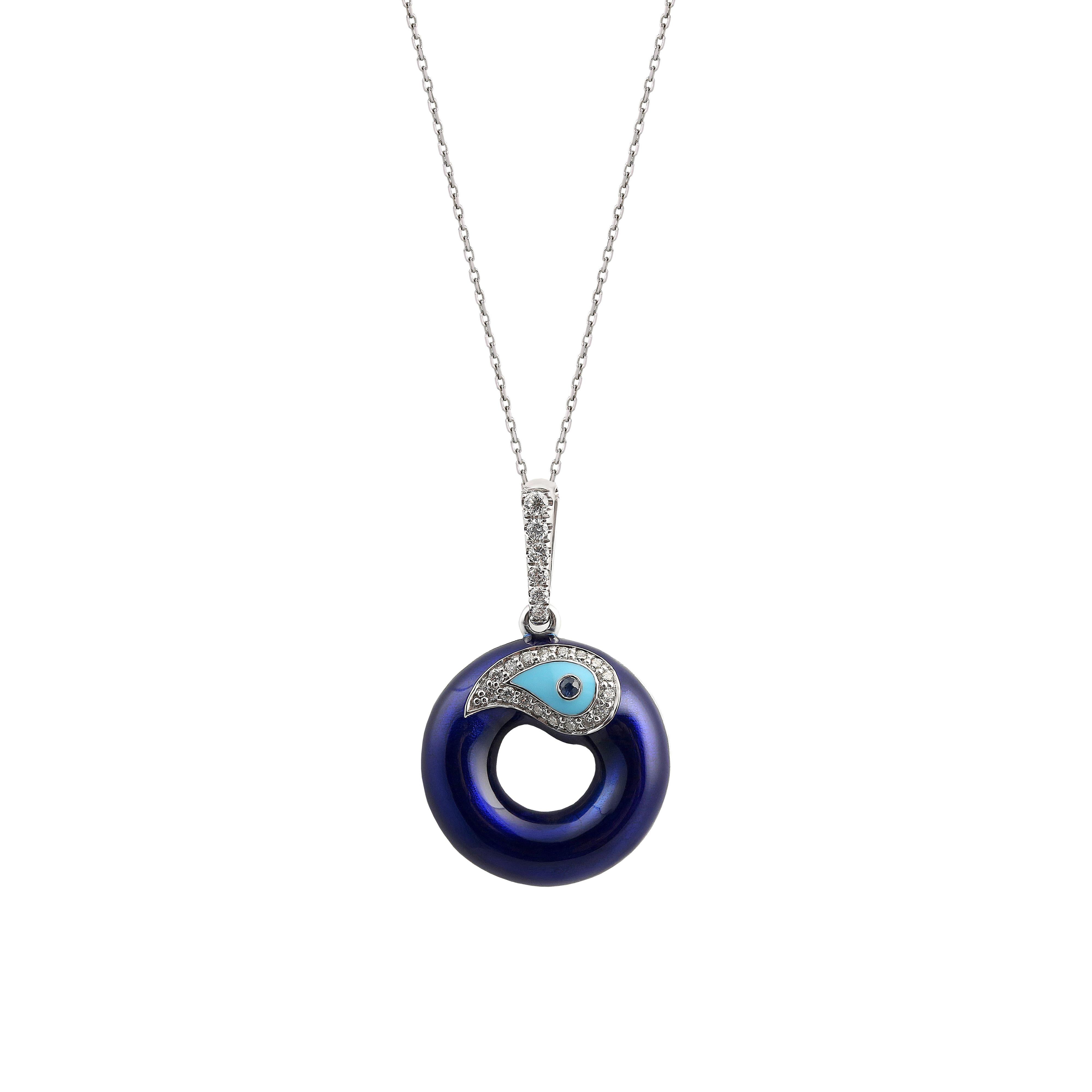 Round Cut Evil Eye Diamond Charm Necklace Letter O, 14K White Gold Handcraft Blue Enamel For Sale