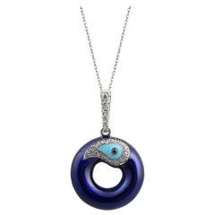 Evil Eye Diamond Charm Necklace Letter O, 14K White Gold Handcraft Blue Enamel