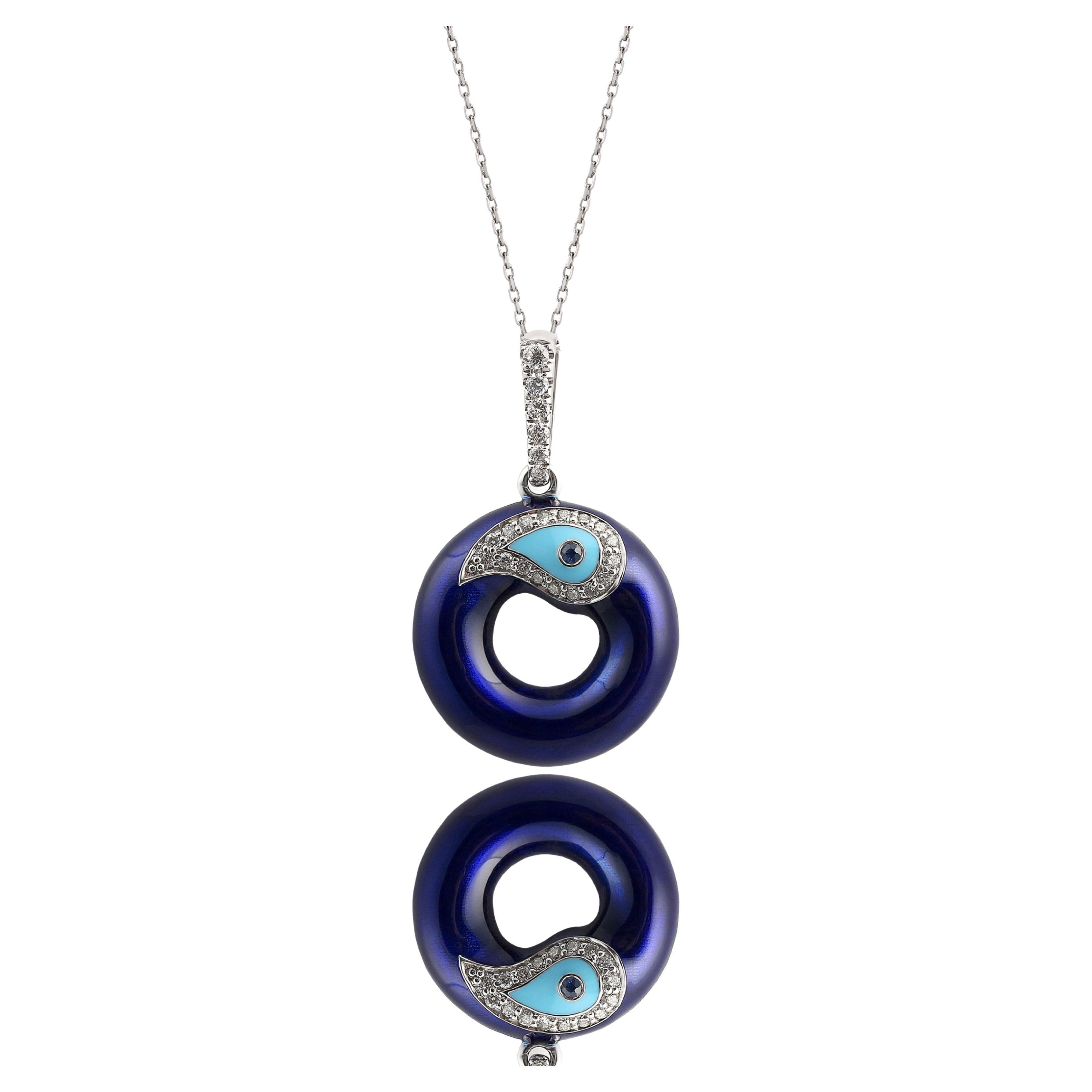 Evil Eye Diamond Charm Necklace Letter O, 14K White Gold Handcraft Blue Enamel For Sale