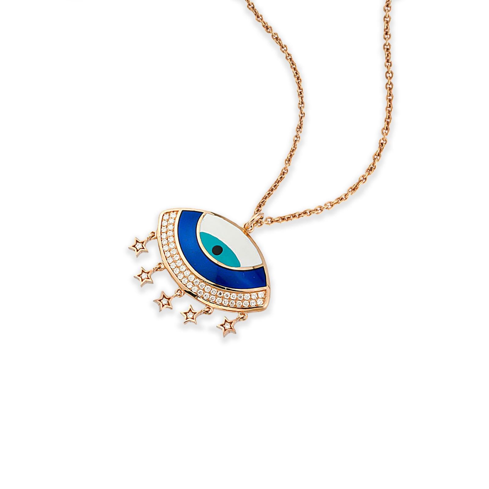 This Unique Evil Eye and Star Charm Necklace are Crafted in 18K Rose Gold and Encrusted With .32 Carat Diamonds. The Center of the Eye Features a Blue, Turquoise, and White Enamel

The evil eye is a malicious glare given to someone out of spite,