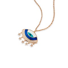 Evil Eye Diamond Charm Pendant Necklace 18K Rose Gold, Blue Turquoise Enamel