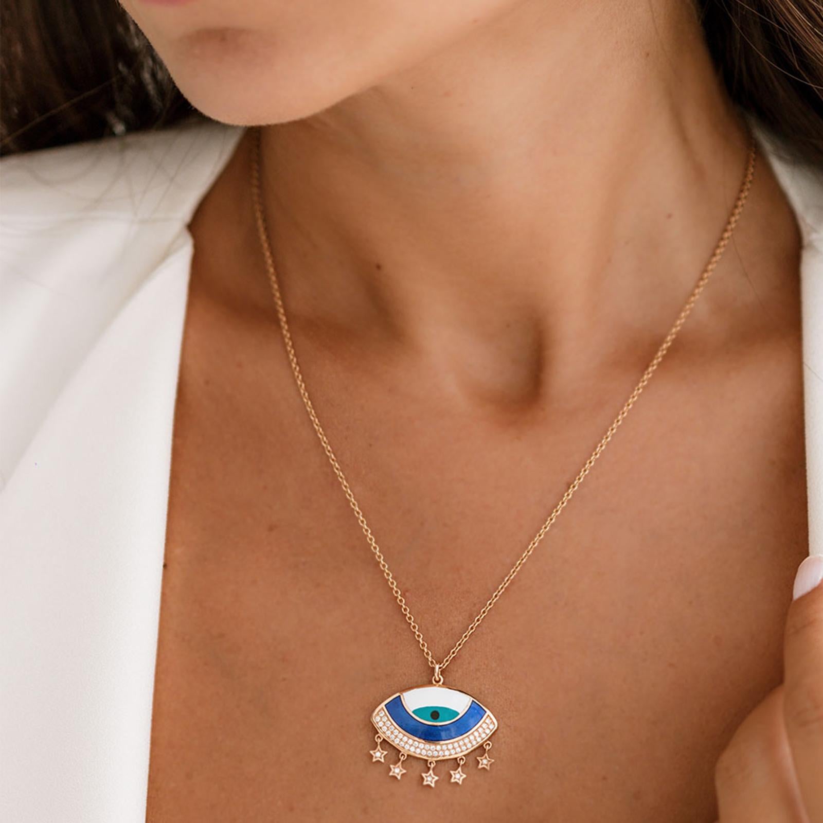 Artisan Evil Eye Diamond Charm Pendant Necklace 18K Rose Gold, Blue Turquoise Enamel For Sale