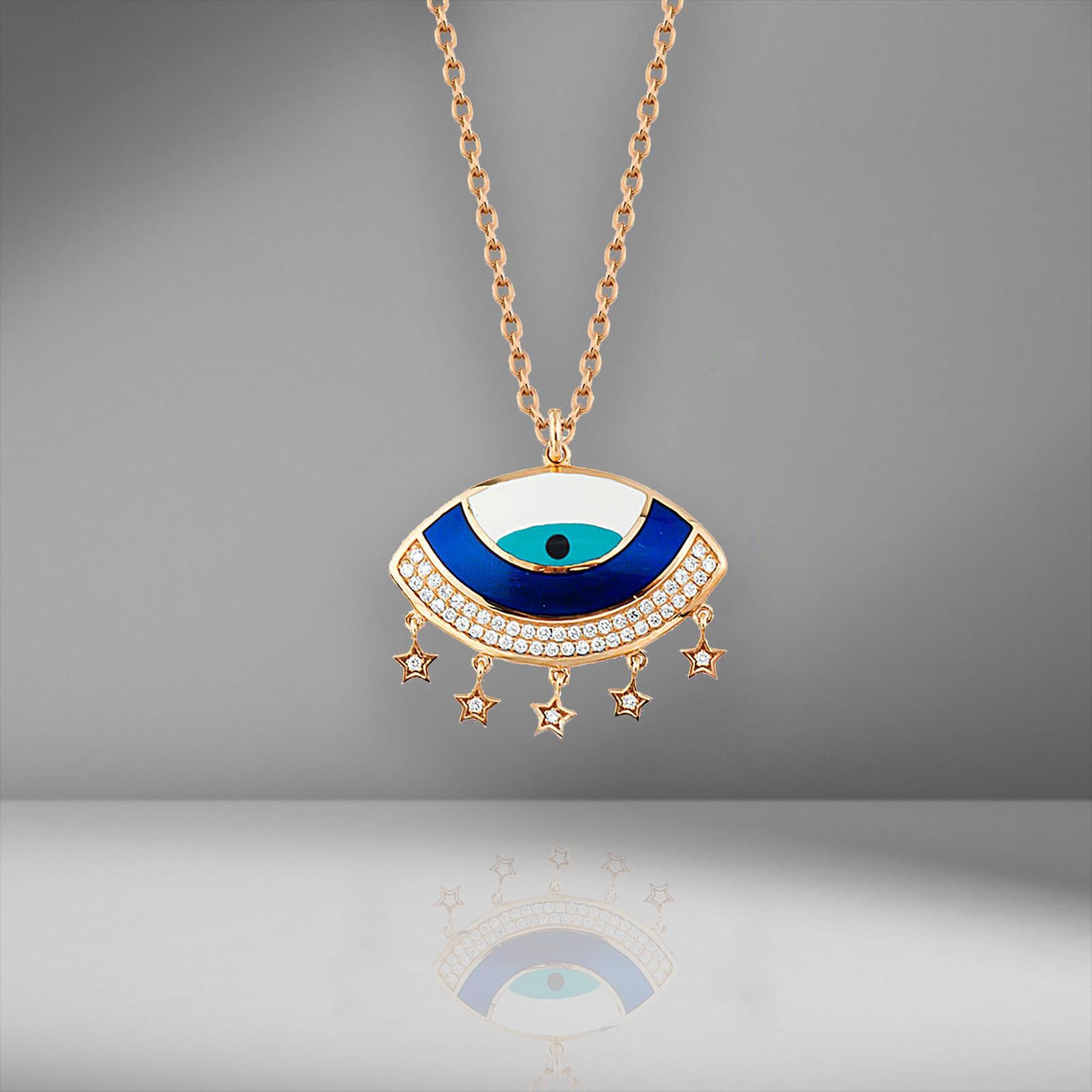 Round Cut Evil Eye Diamond Charm Pendant Necklace 18K Rose Gold, Blue Turquoise Enamel For Sale