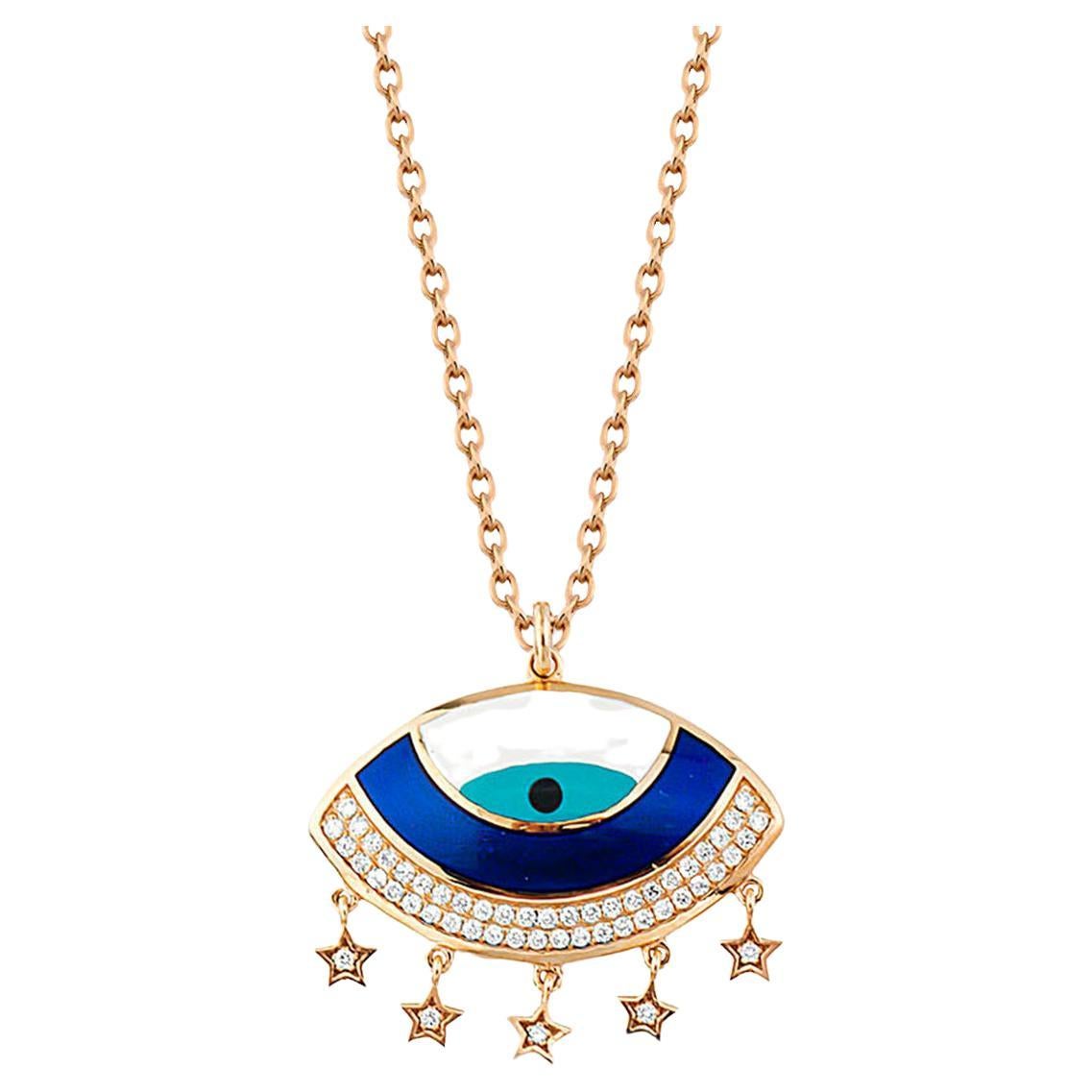 Evil Eye Diamond Charm Pendant Necklace 18K Rose Gold, Blue Turquoise Enamel For Sale