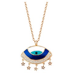 Evil Eye Diamond Charm Pendant Necklace 18K Rose Gold, Blue Turquoise Enamel