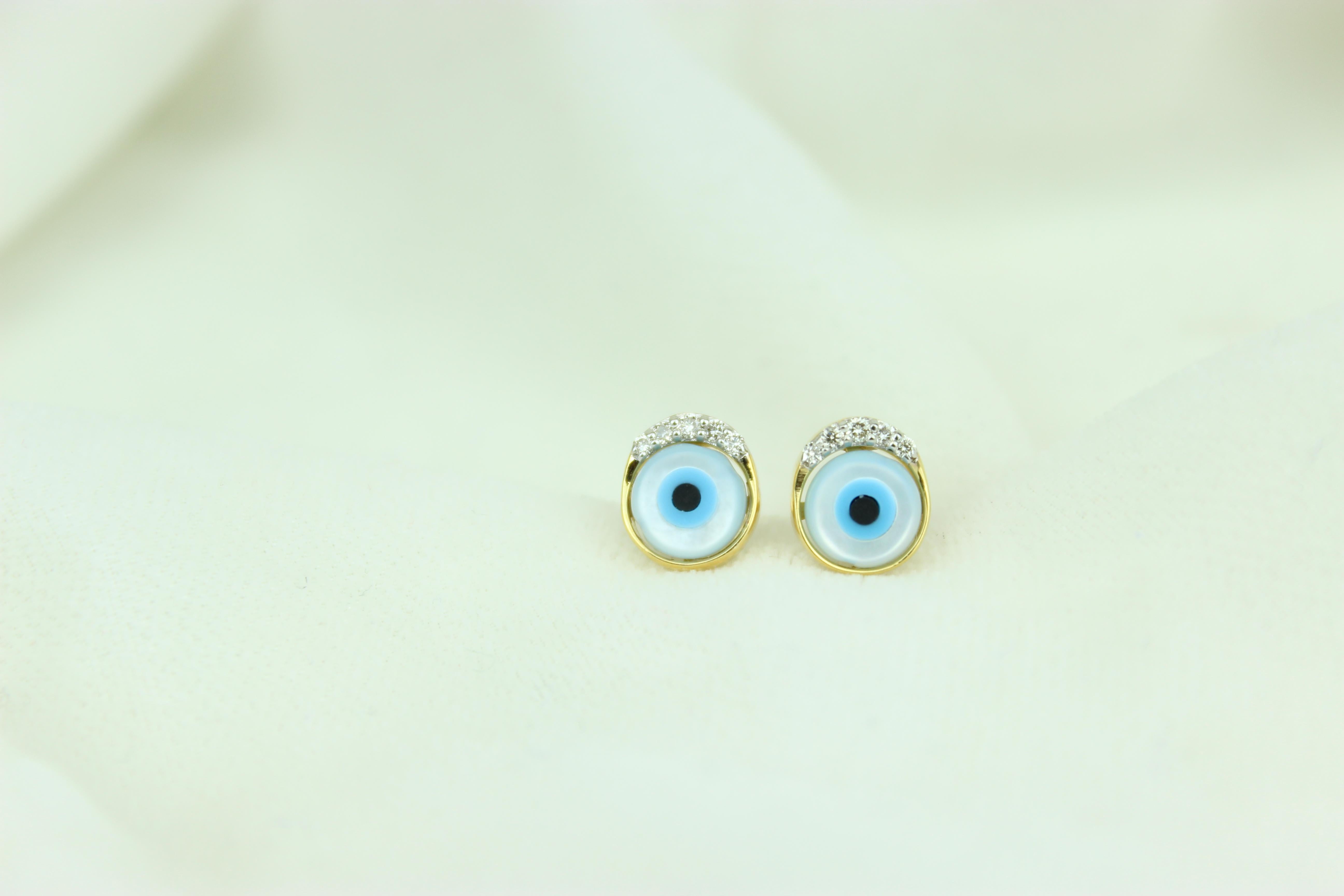 Art Deco Evil Eye Diamond Earrings for Girls (Kids/Toddlers) in 18K Solid Gold For Sale