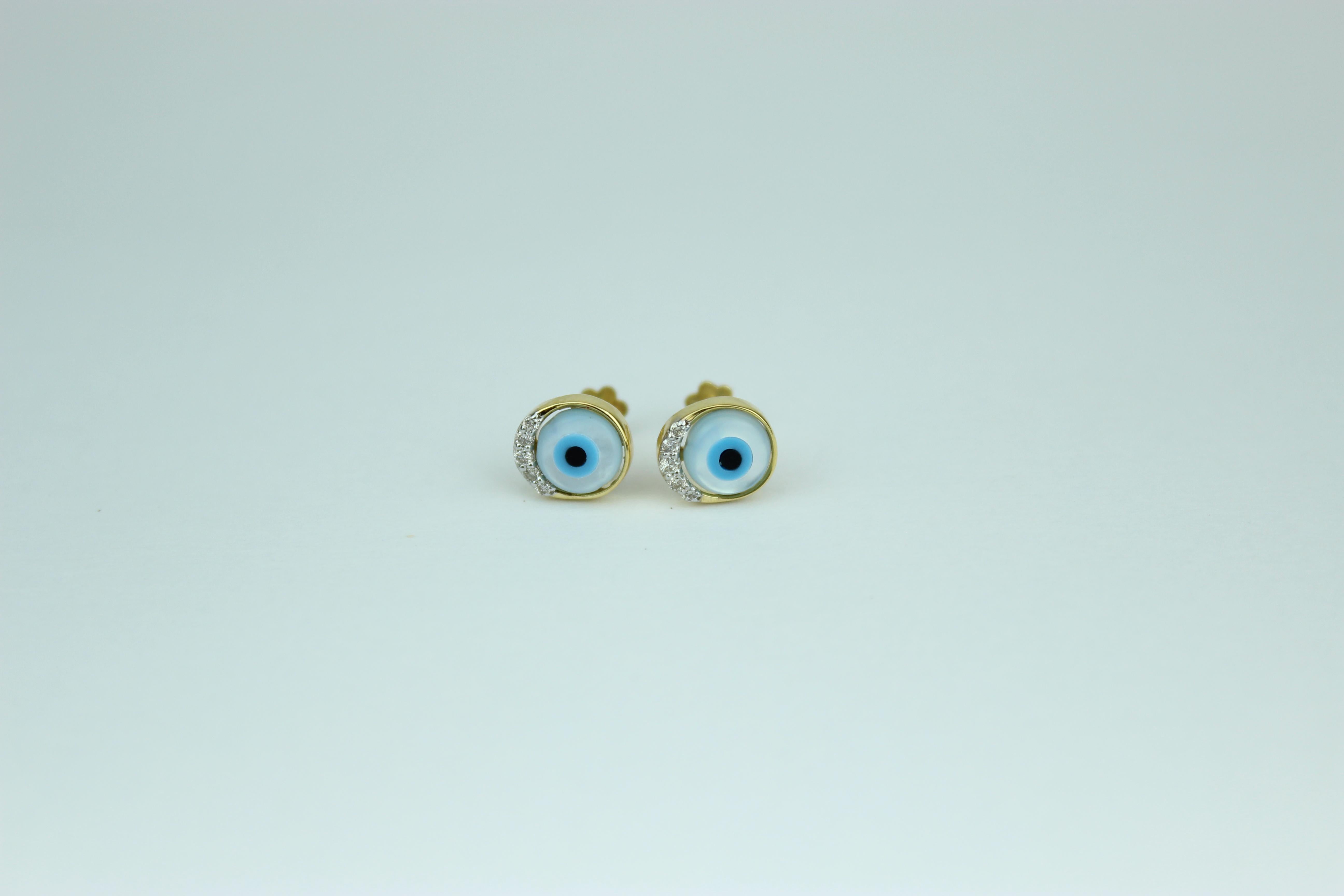 Evil Eye Diamond Earrings for Girls (Kids/Toddlers) in 18K Solid Gold For Sale 2