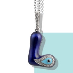 Evil Eye Diamond Necklace in Letter Form, 14k White Gold Enamel Initial Charm