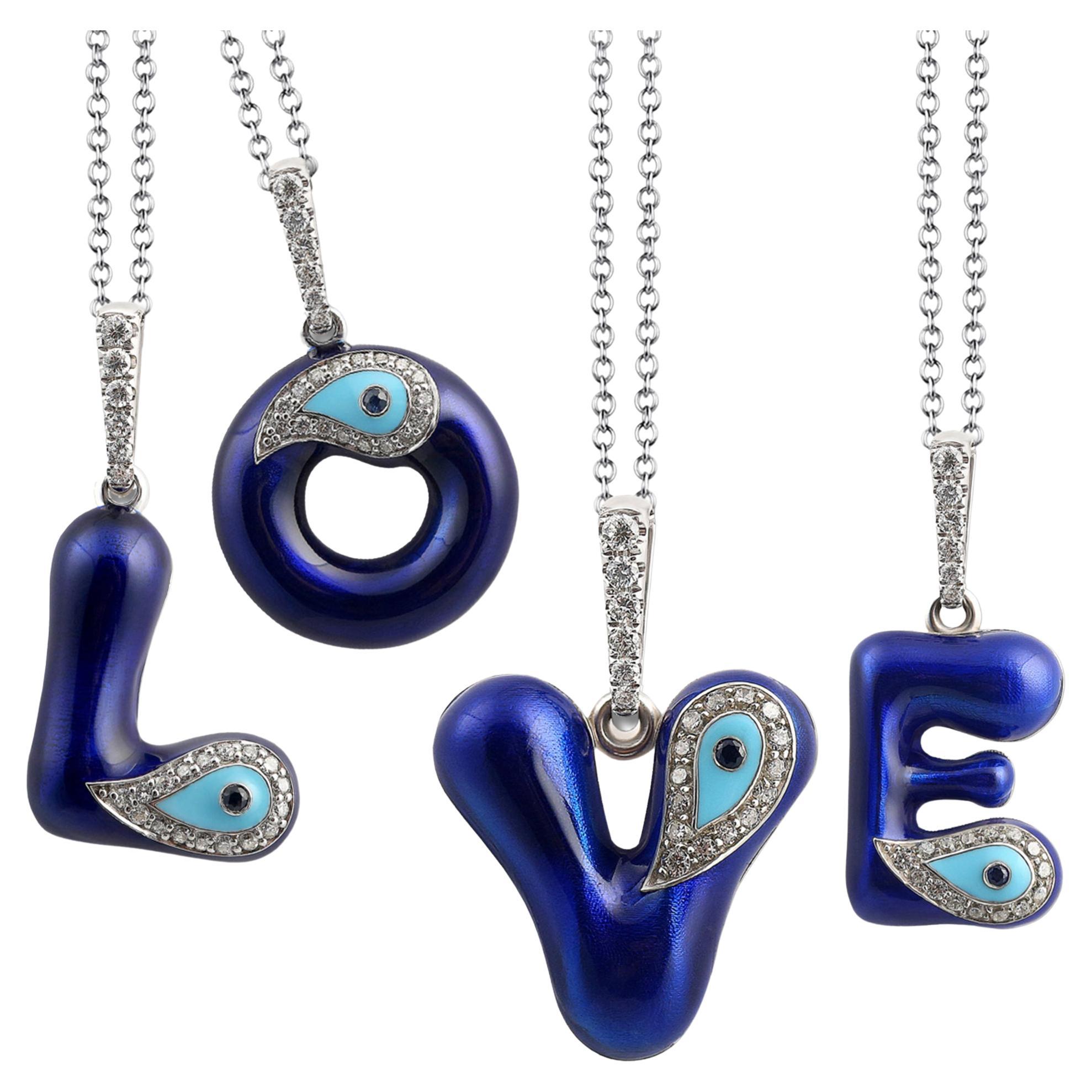 Evil Eye Diamond Necklace in Letter Form, 14k White Gold Enamel Initial