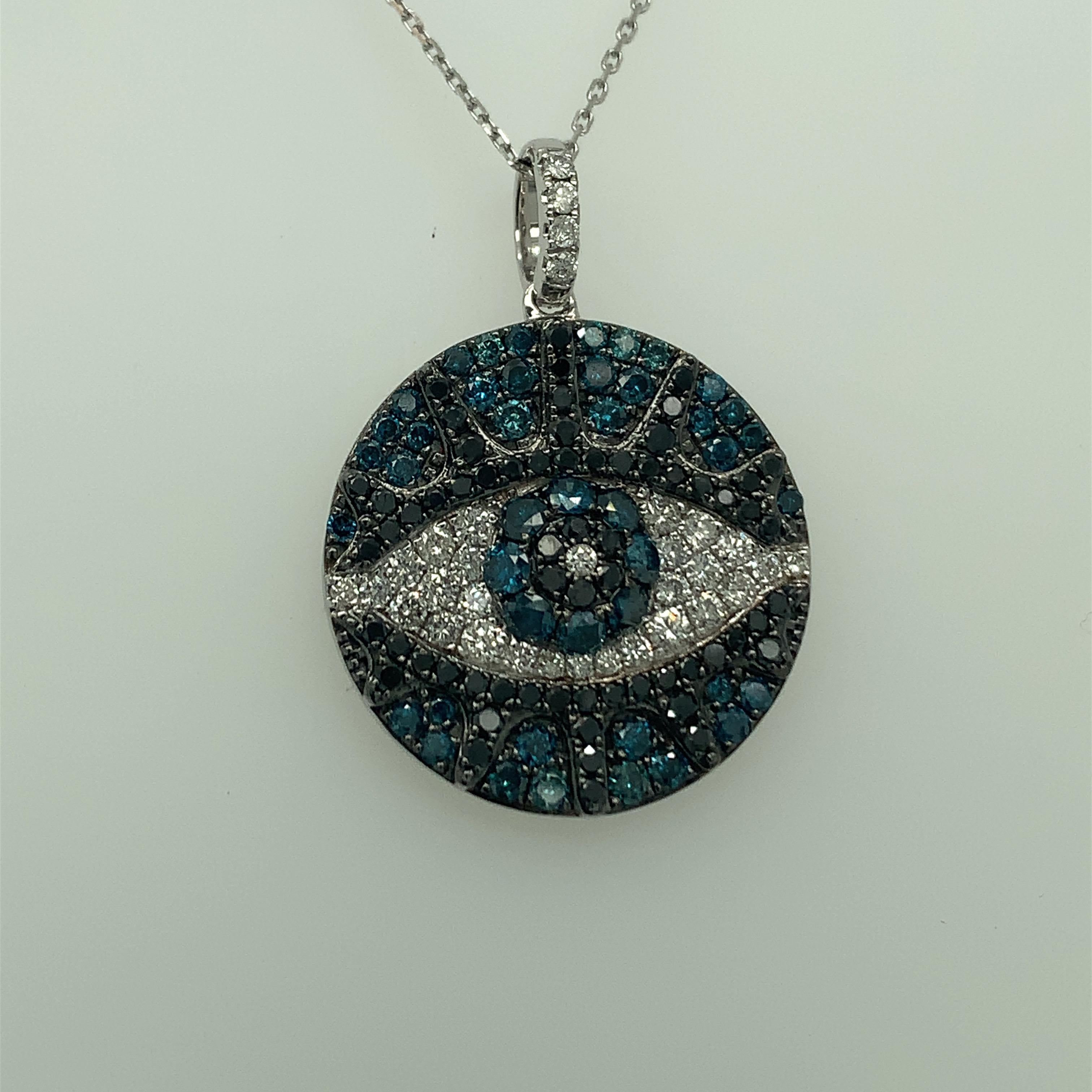 Evil eyes pendant with Earth mined natural diamonds 2.53 carat ( 193 ) pcs set in 18K White gold is one of a kind pendant with chain.

Evil eyes pendant wearing provides the wearer both power and protection against evil spirits and bad luck.

40% of