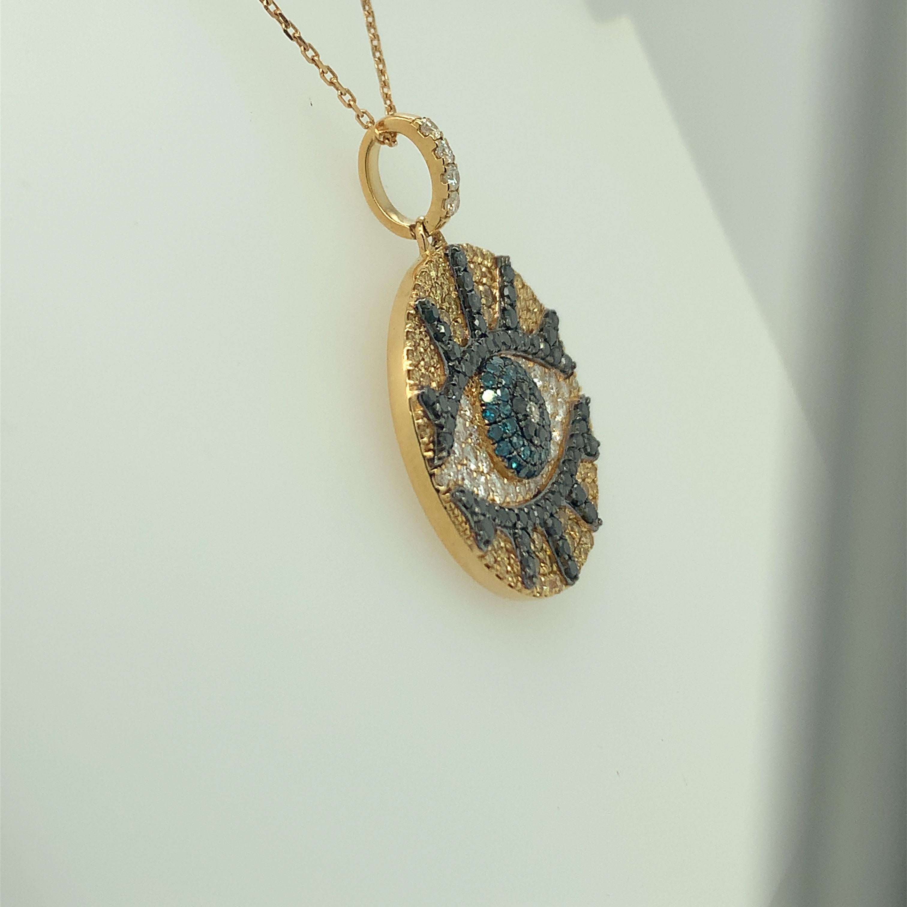 Beautiful yellow white and blue diamonds is natural earth mined diamonds set on 18K yellow gold is one of a kind Pendant with chain. Total diamonds weight is 2.11 carat.Total number. of diamonds is 193  pieces.

it is said 40% of the. world