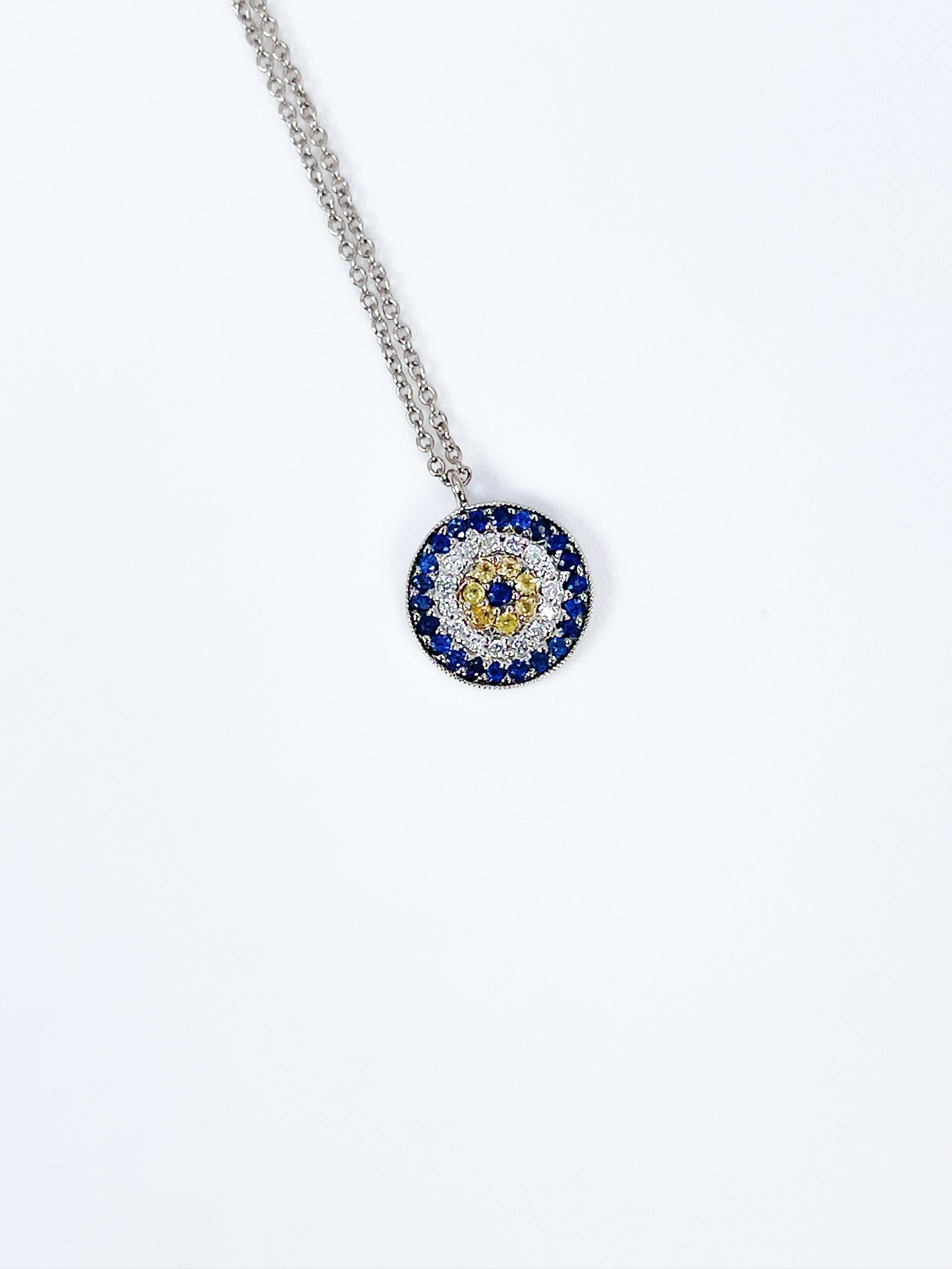 Modern Evil Eye Diamond Pendant Necklace 14 Karat White Gold Dainty Pendant Necklace For Sale