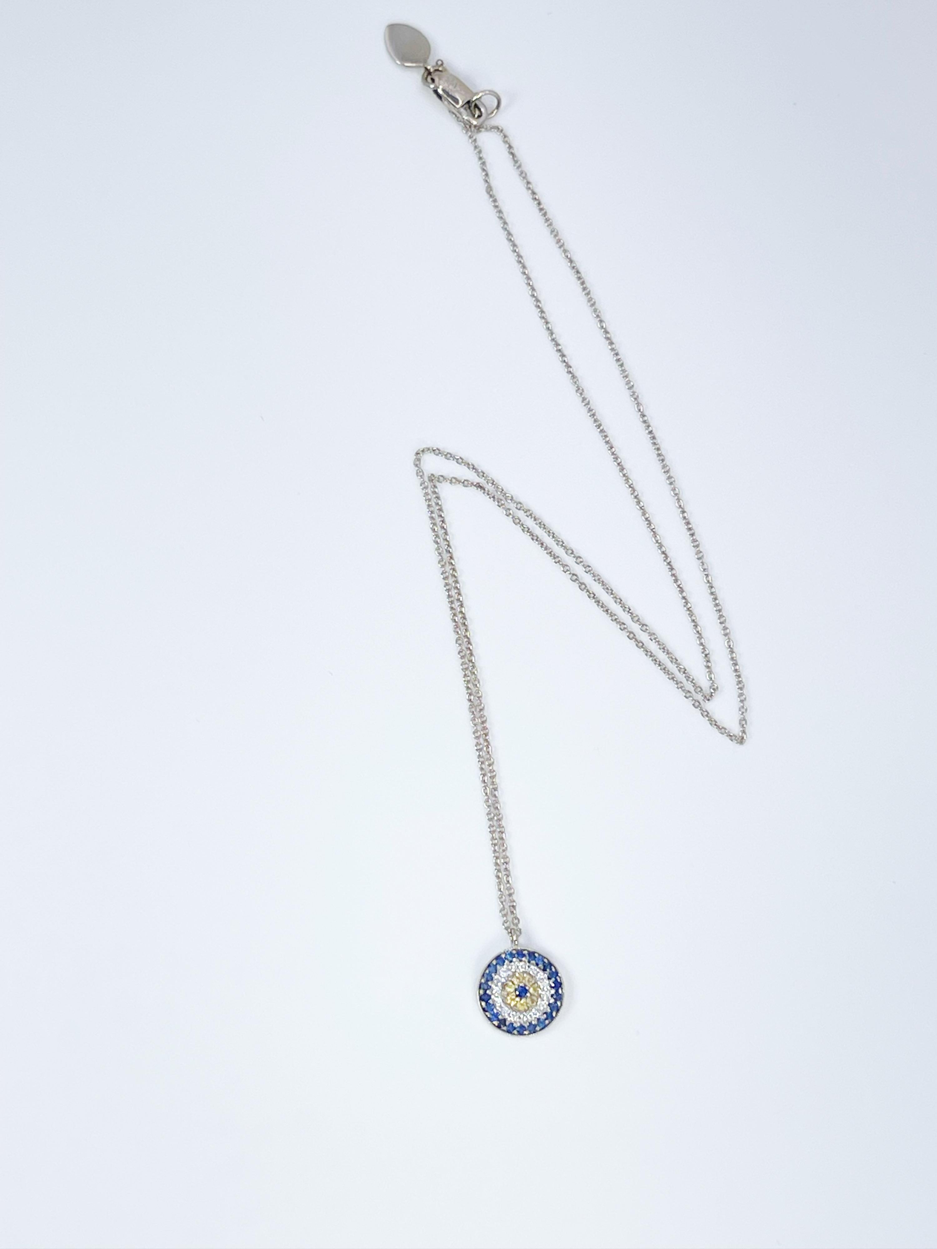 Round Cut Evil Eye Diamond Pendant Necklace 14 Karat White Gold Dainty Pendant Necklace For Sale