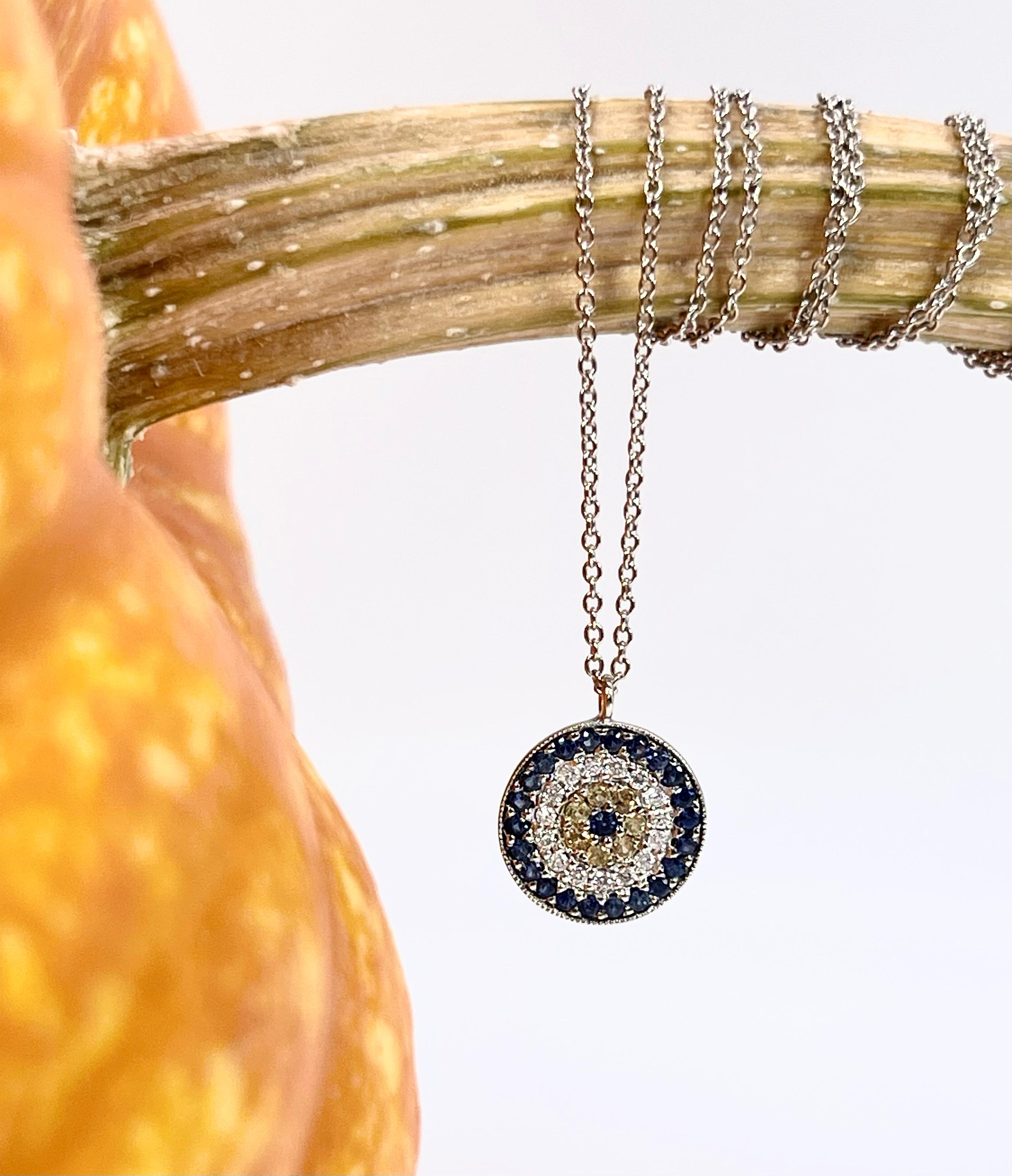 Evil Eye Diamond Pendant Necklace 14 Karat White Gold Dainty Pendant Necklace In New Condition For Sale In Jupiter, FL