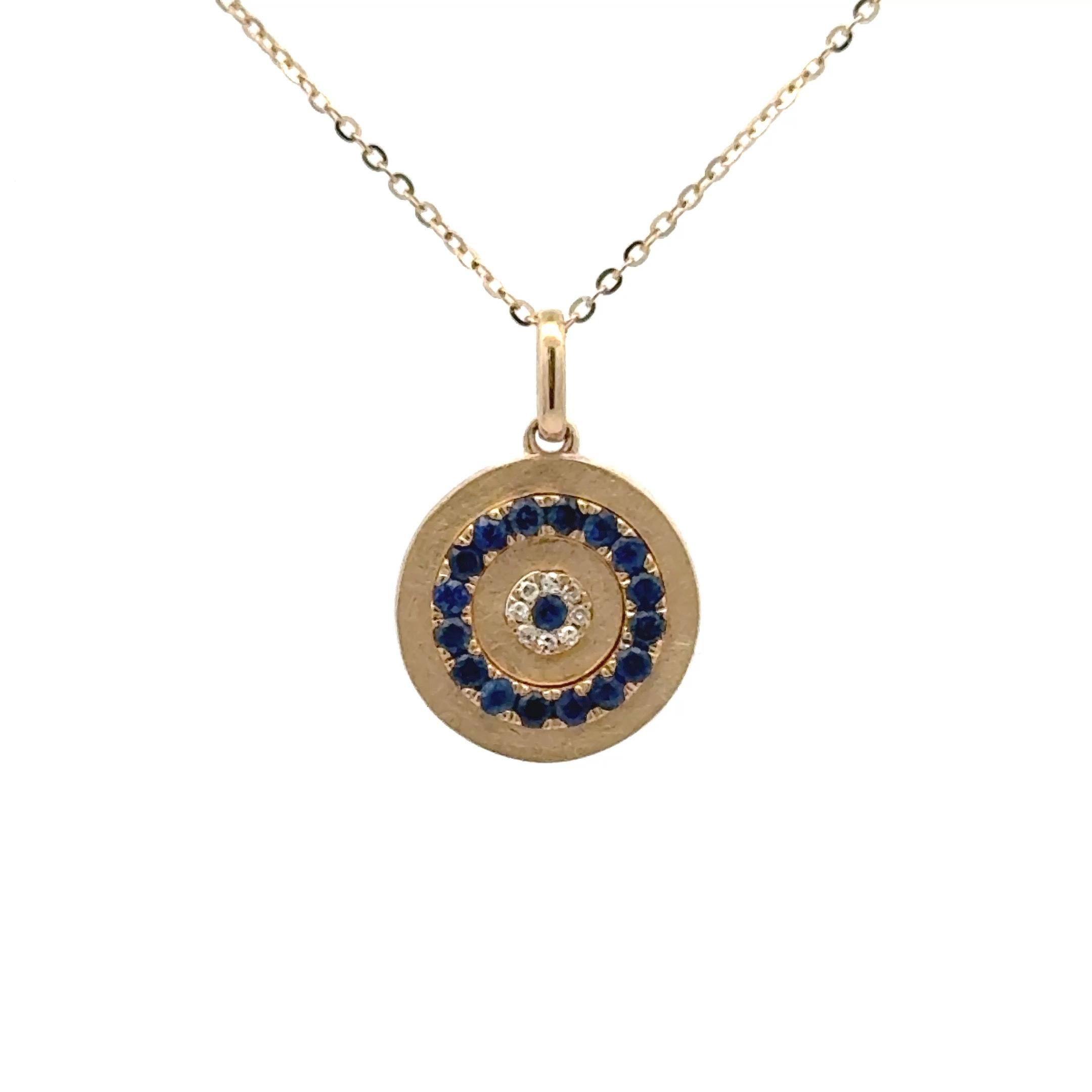 Collier pendentif saphir diamant œil maléfique 0.28 carats or jaune 14 carats en vente