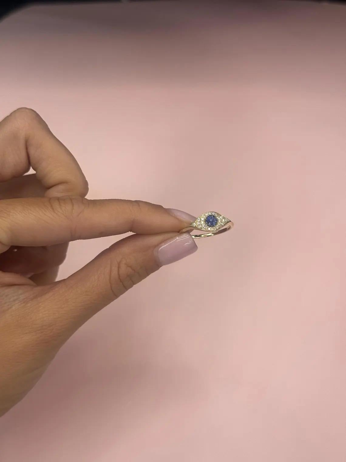 Evil Eye Diamond Sapphire Ring 0.25 Carats 14 Karat Yellow Gold 1.65 Grams In New Condition For Sale In New York, NY