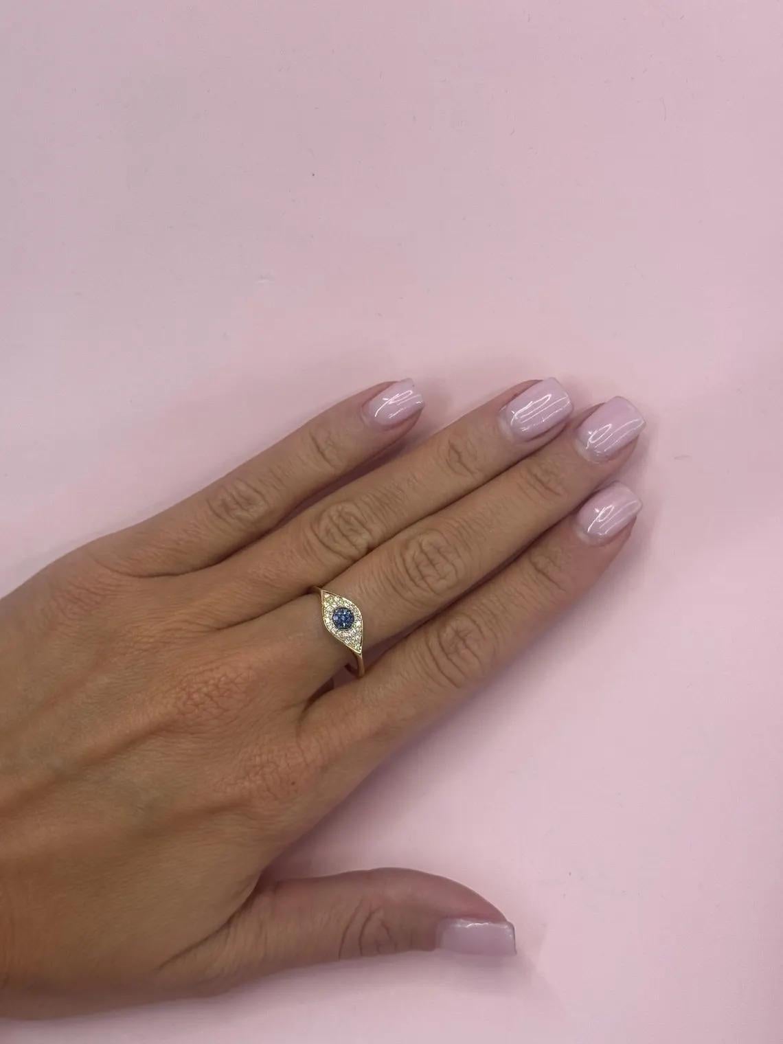 Women's Evil Eye Diamond Sapphire Ring 0.25 Carats 14 Karat Yellow Gold 1.65 Grams For Sale