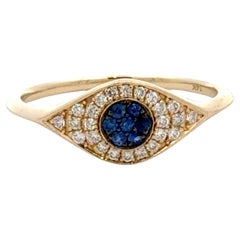 Evil Eye Diamond Sapphire Ring 0.25 Carats 14 Karat Yellow Gold 1.65 Grams