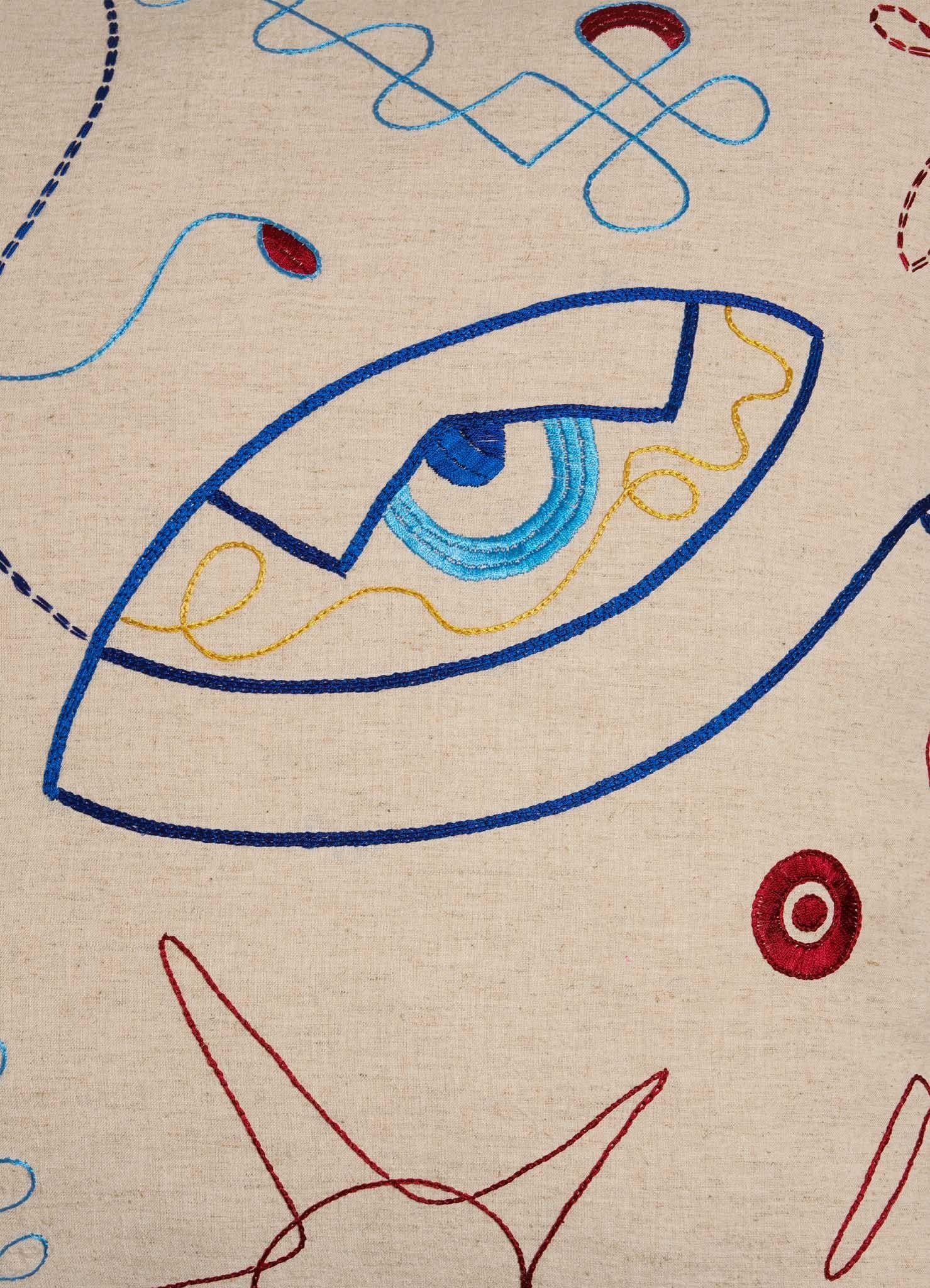 Tissé à la main Oeil maléfique Ecru Housse de coussin brodée à la main Large en vente