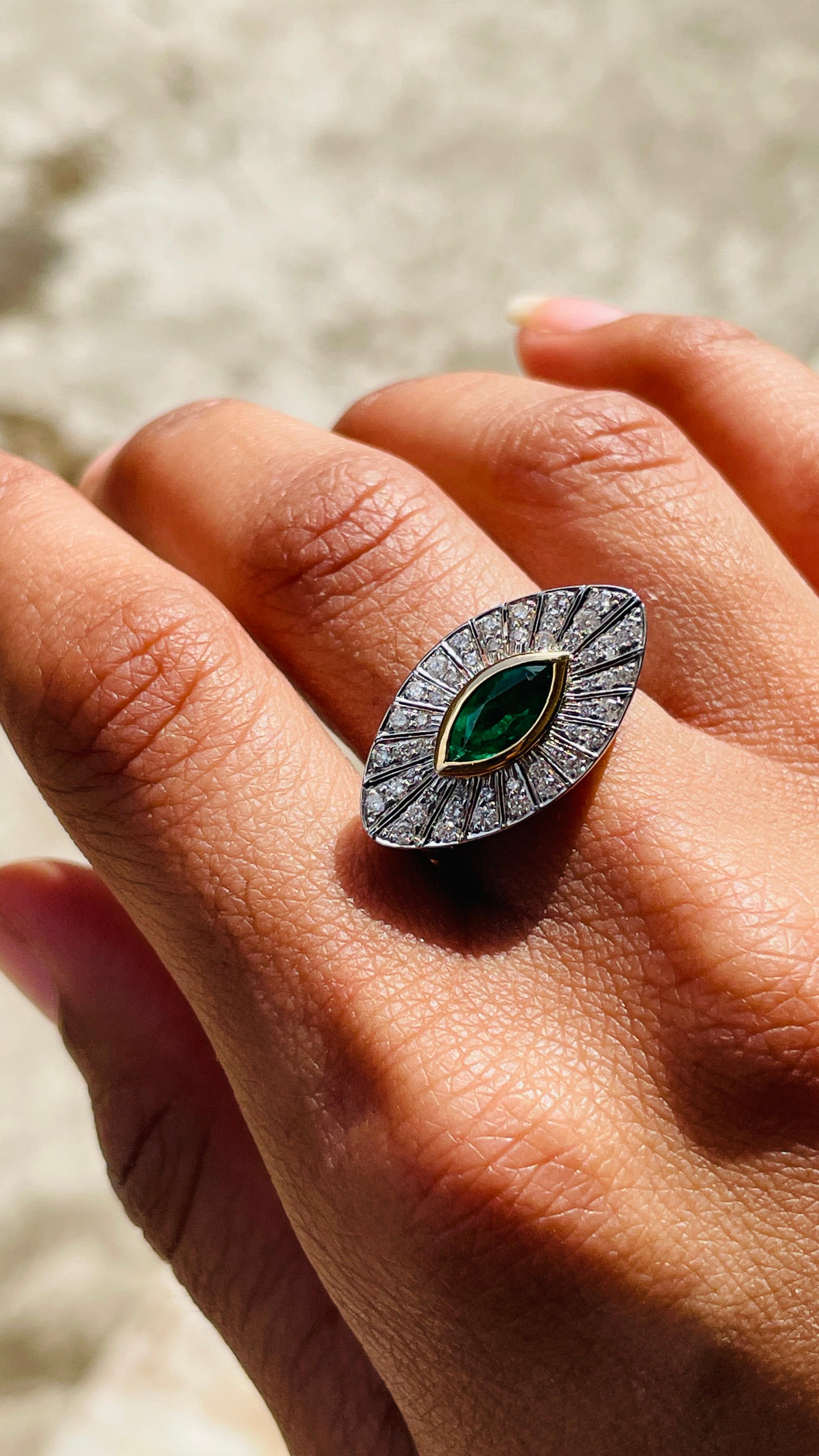 For Sale:  Statement Evil Eye Emerald Diamond Ring in 18 Karat White Gold 12
