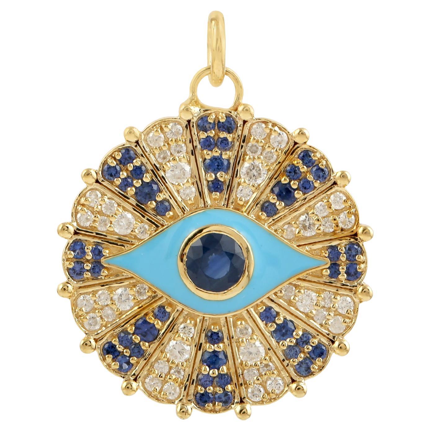 Ciondolo in oro giallo 14k con zaffiro blu e pavé di diamanti con smalto Malocchio