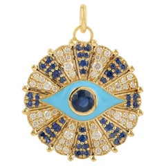 Evil Eye Enamel 14k Yellow Gold Pendant With Blue Sapphire & Pave Diamonds