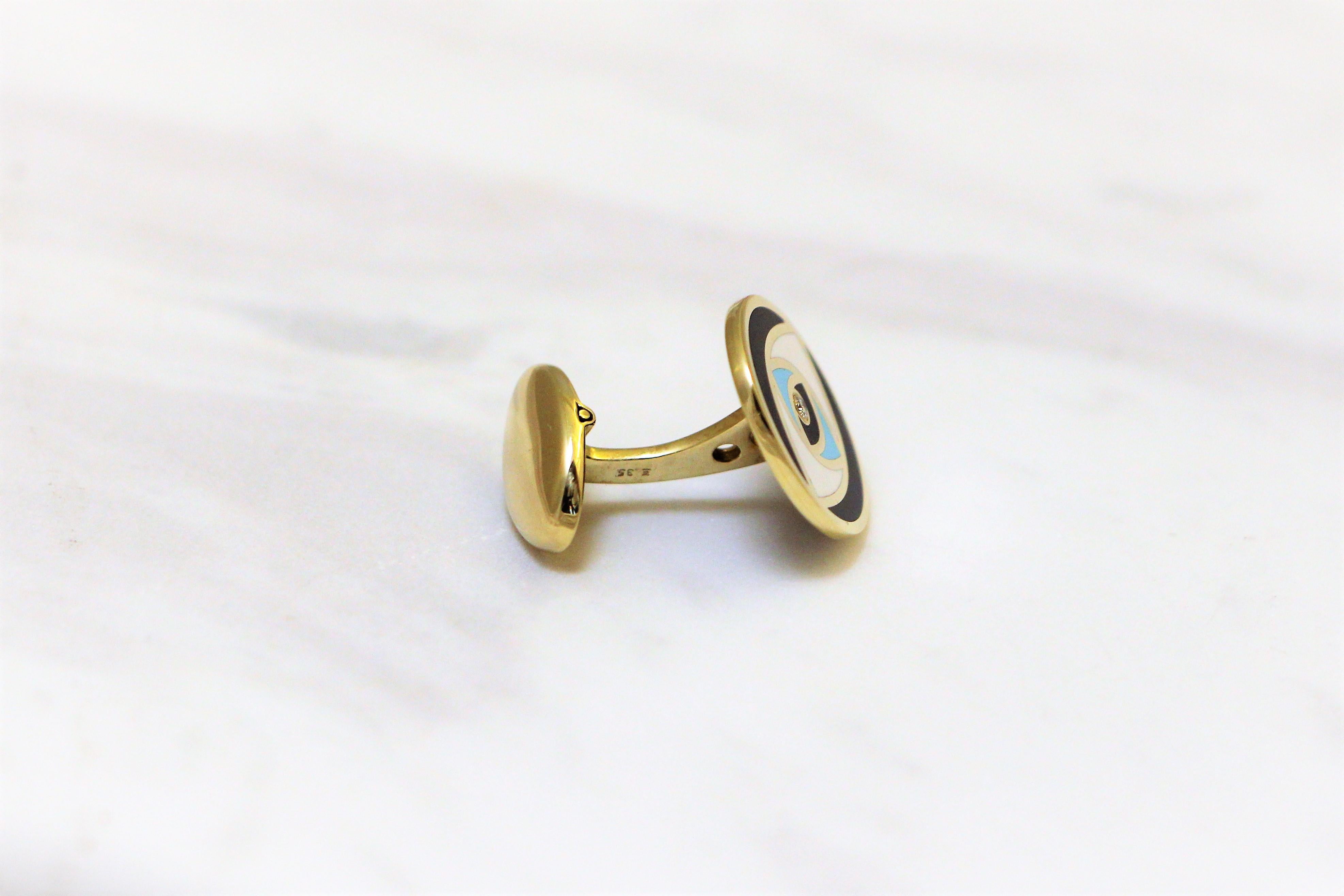 Gemelos Esmaltados Ojo Maligno con Centro de Diamante Brillante en Oro Amarillo de 14 Kt Contemporáneo en venta