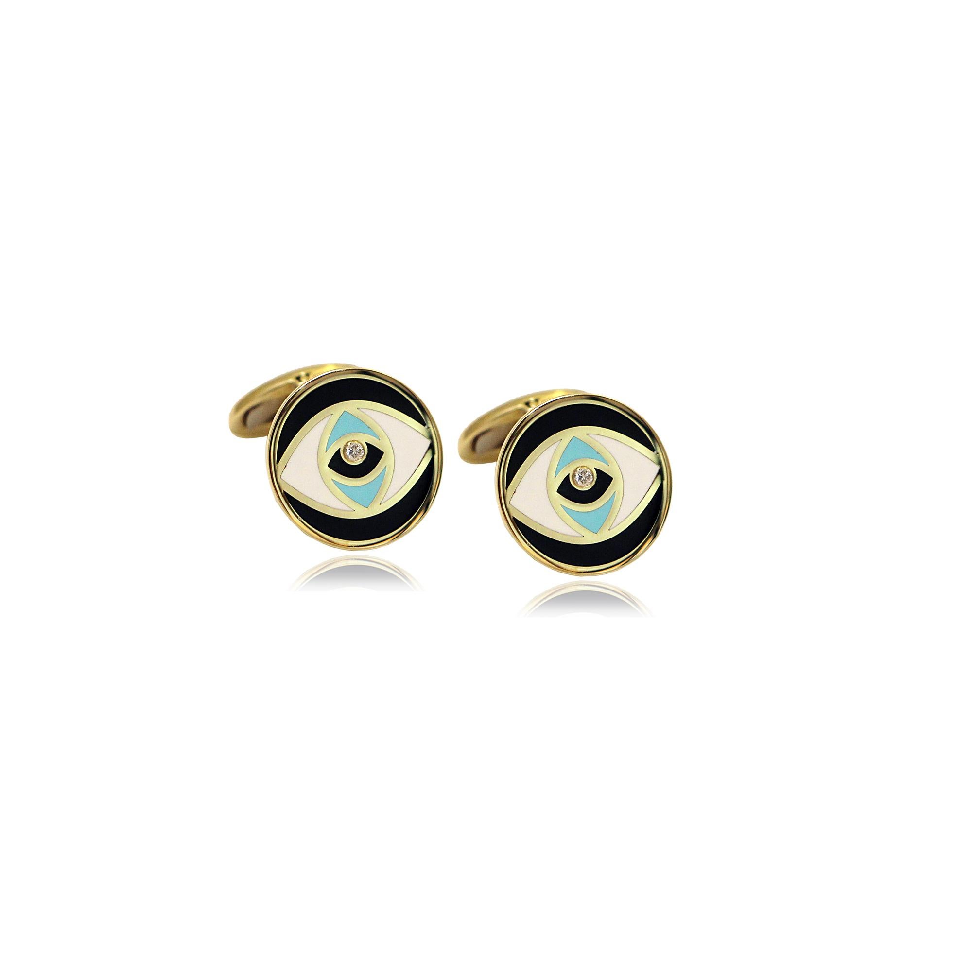 Contemporary Evil Eye Enameling Cufflinks with a Brilliant Diamond Centre in 14Kt Yellow Gold For Sale