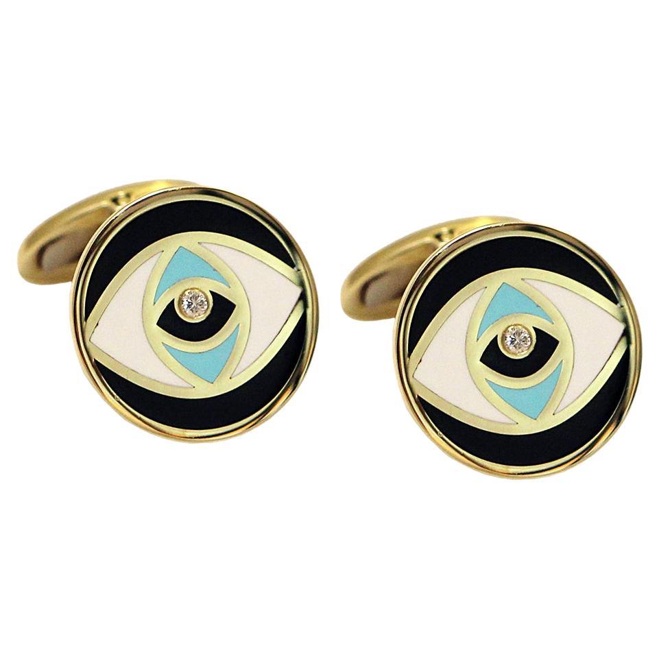 Evil Eye Enameling Cufflinks with a Brilliant Diamond Centre in 14Kt Yellow Gold For Sale