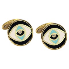 Evil Eye Enameling Cufflinks with a Brilliant Diamond Centre in 14Kt Yellow Gold