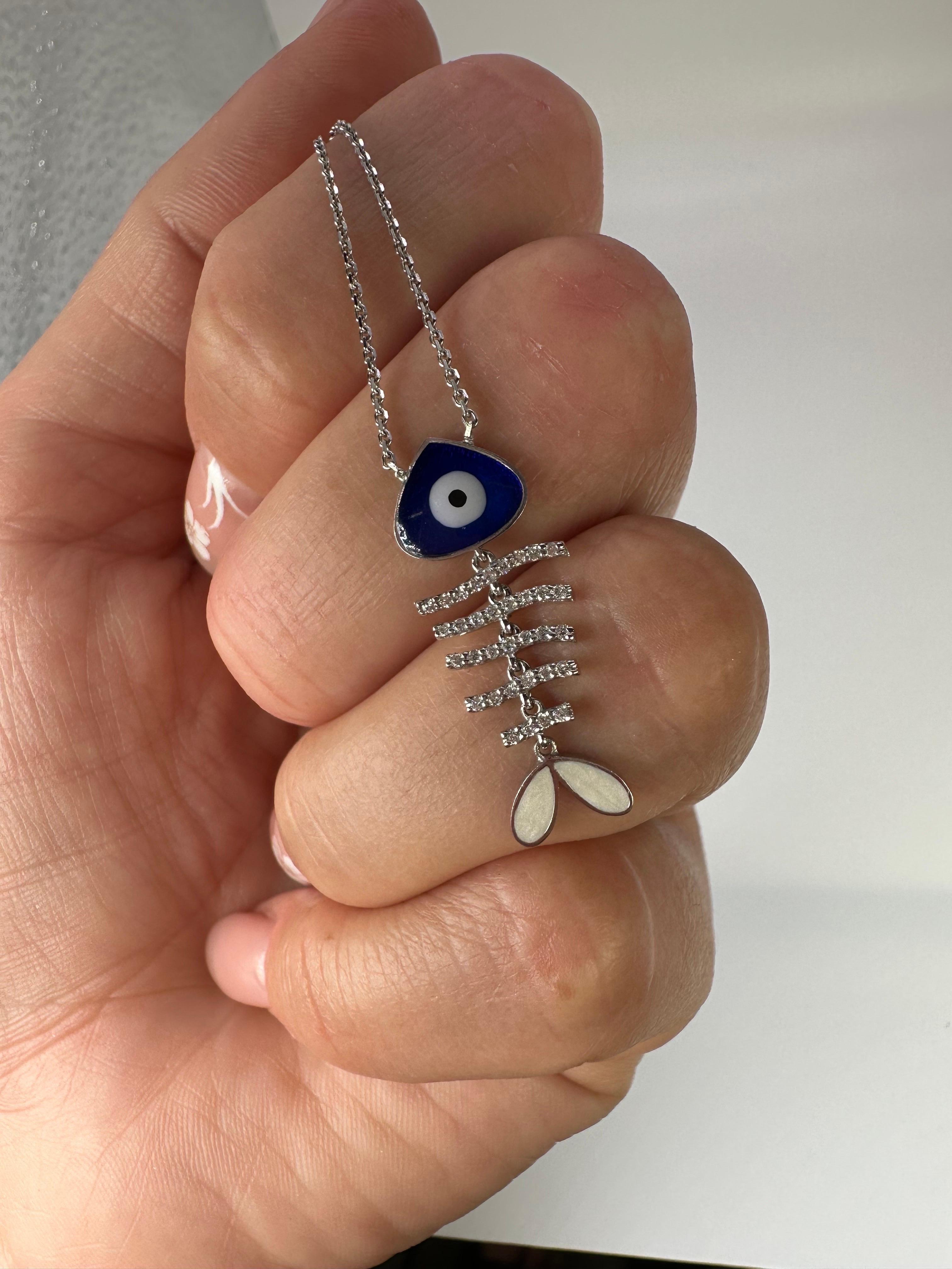 Evil Eye Fish Bone Pendant Necklace 18kt White Gold VS Diamonds Pendant Necklace In New Condition For Sale In Jupiter, FL