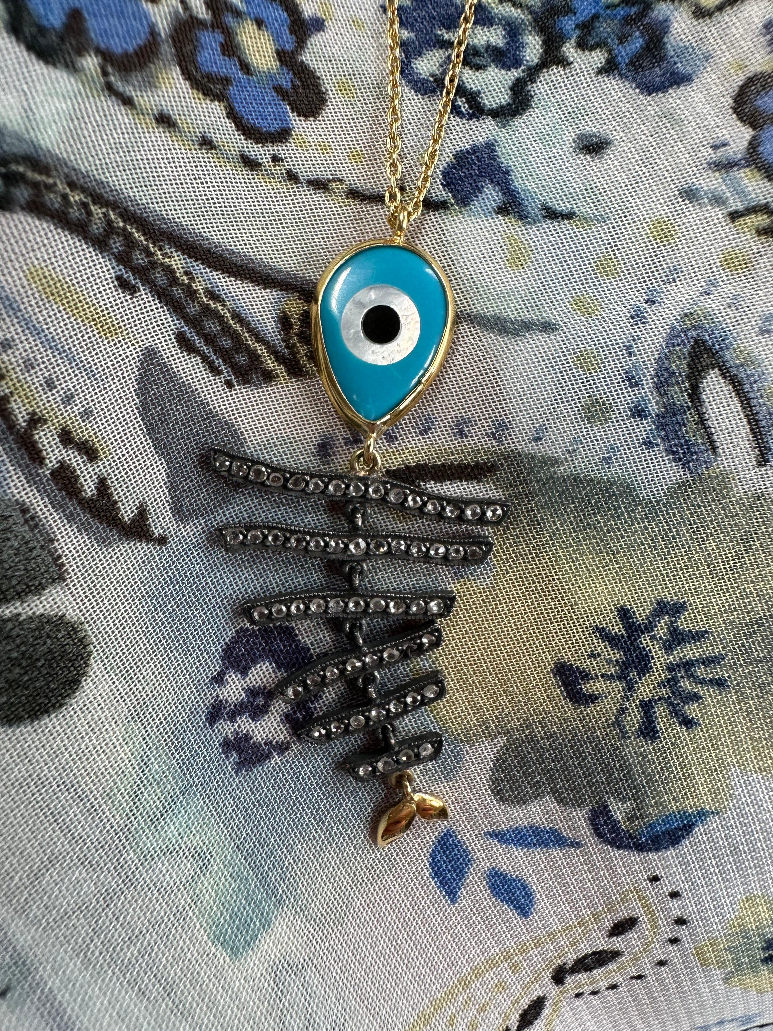 Round Cut Evil Eye Fish Necklace 18 Karat Gold and SS Natural Diamonds Evil Eye Pendant For Sale