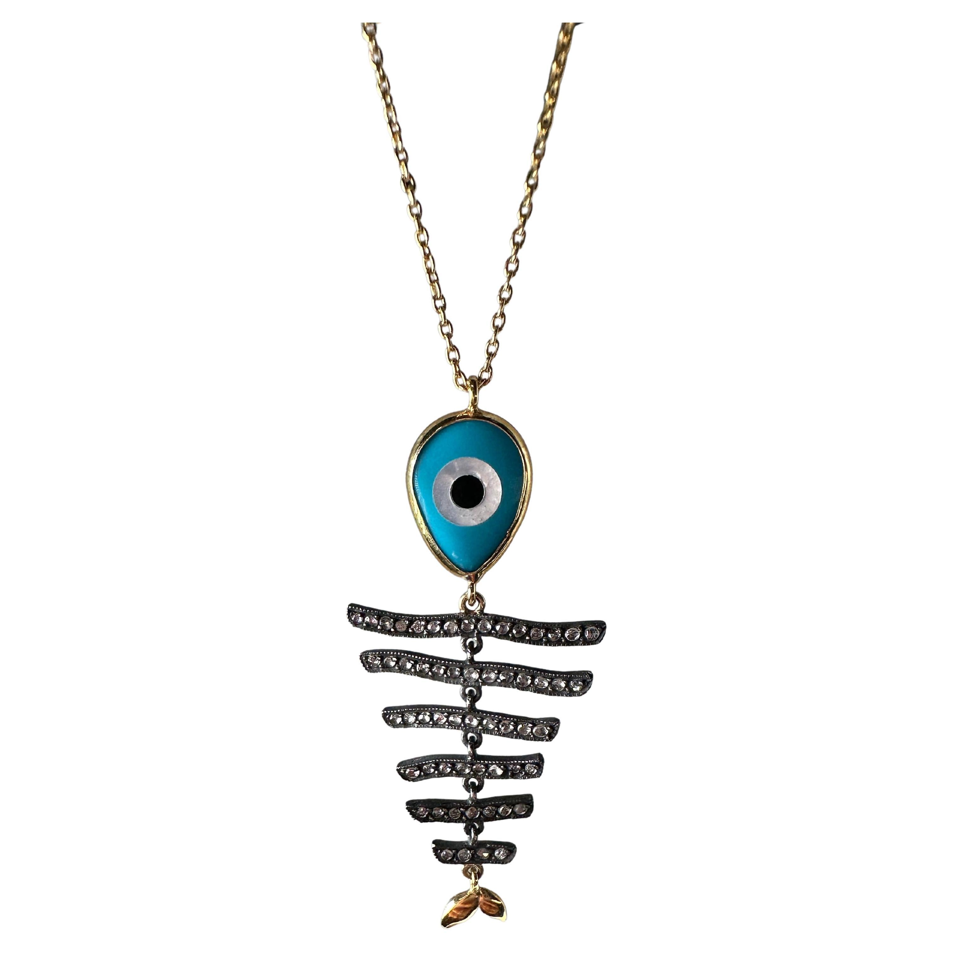 Evil Eye Fish Necklace 18 Karat Gold and SS Natural Diamonds Evil Eye Pendant For Sale