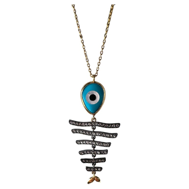Evil Eye Fisch-Halskette aus 18 Karat Gold und SS mit natürlichen Diamanten  und bösen Augen-Anhänger im Angebot bei 1stDibs