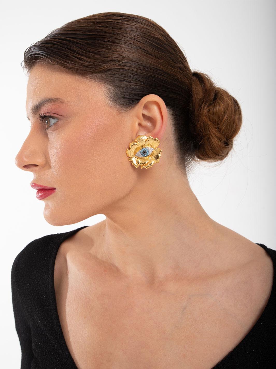 Naimah Evil Eye Flower Statement Earrings In New Condition In Istanbul, 34
