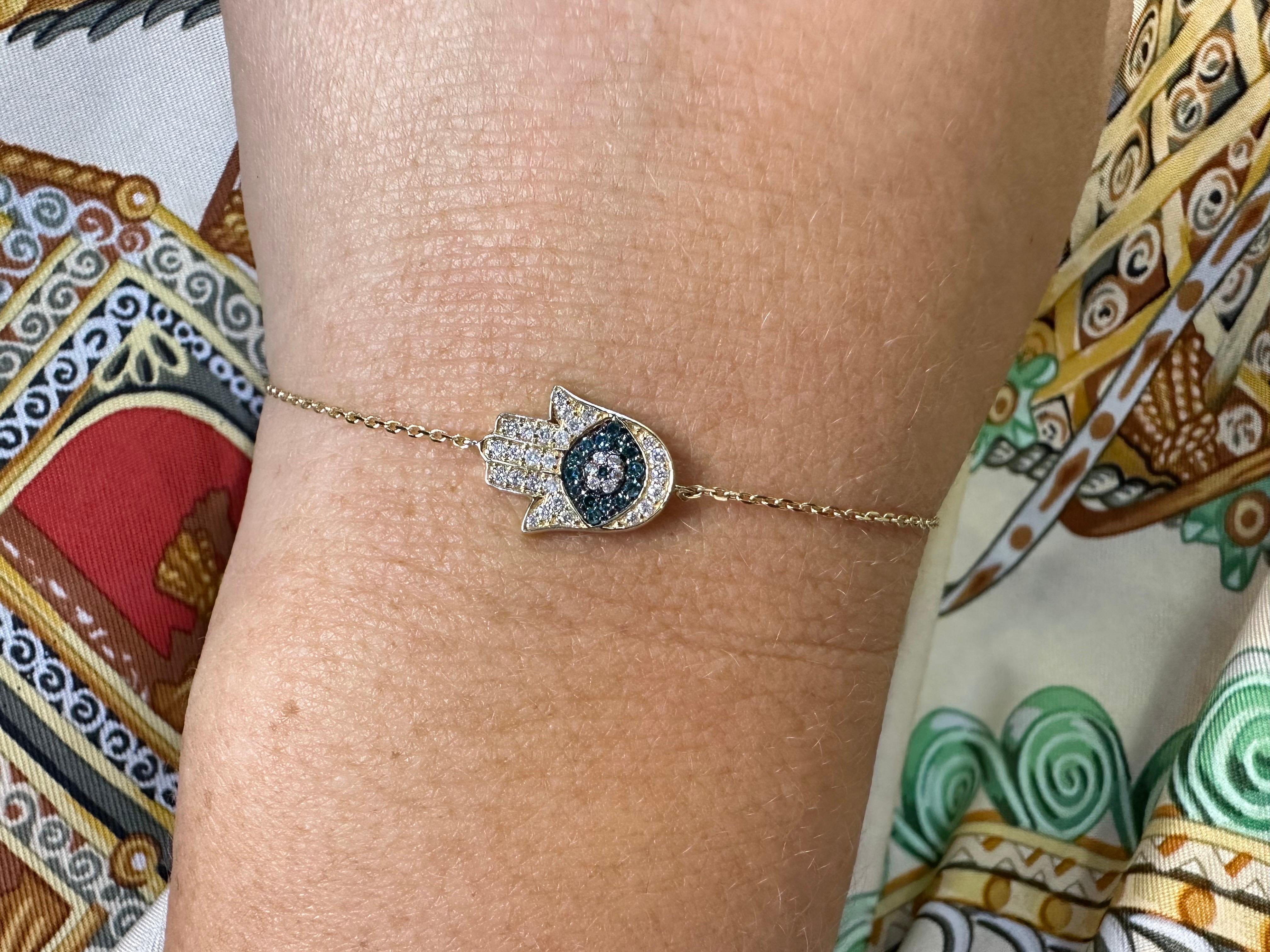 Pulsera Mal de Ojo Hamza Diamante 14KT oro Corte redondo en venta