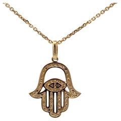 Evil Eye Hamza Diamond Pendant Necklace 0.62 Carats 14 Karat Yellow Gold