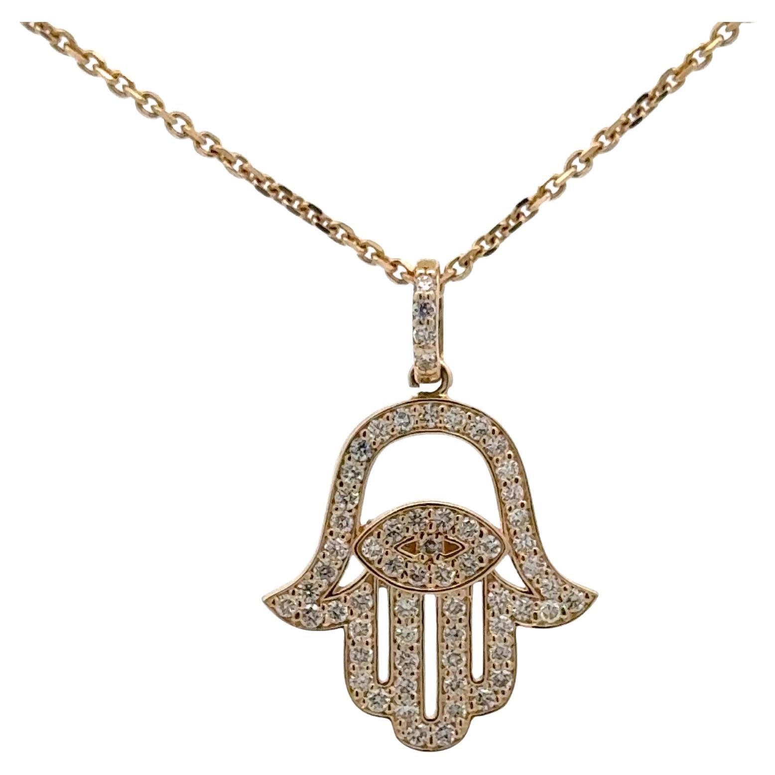 Evil Eye Hamza Diamond Pendant Necklace 0.62 Carats 14 Karat Yellow Gold