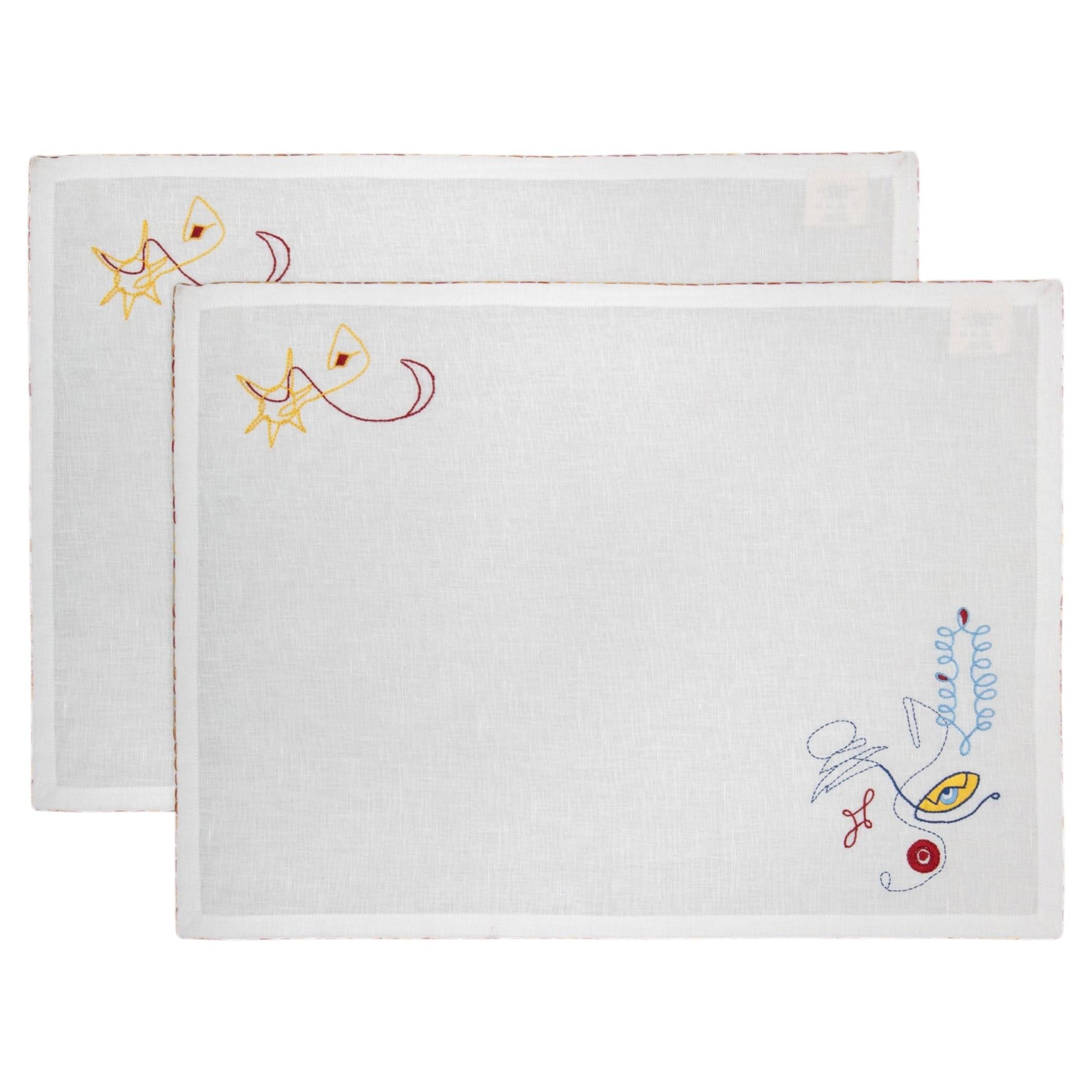 Evil Eye Hand Embroidered White Placemat - Set of 2, Viya by Vikram Goyal