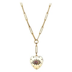 Evil Eye Heart Pendant Necklace, 14K Yellow Gold with Diamonds & Pink Sapphires
