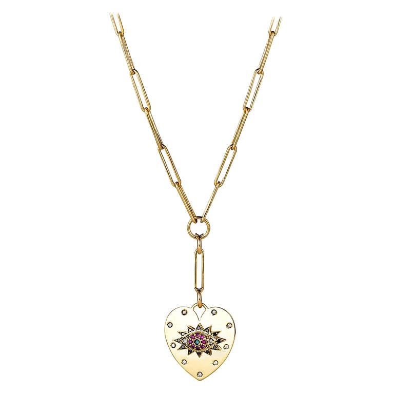 Evil Eye Heart Pendant Necklace, 14K Yellow Gold with Diamonds and Pink ...