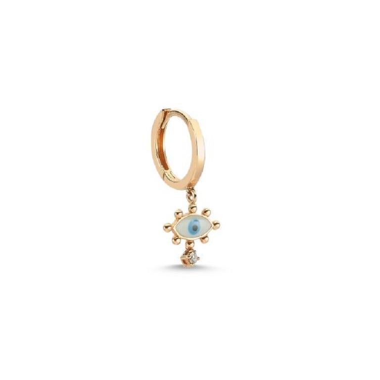 Modern Evil Eye Hoop Earring with White Enamel & Diamond 'Single' by Selda Jewellery For Sale