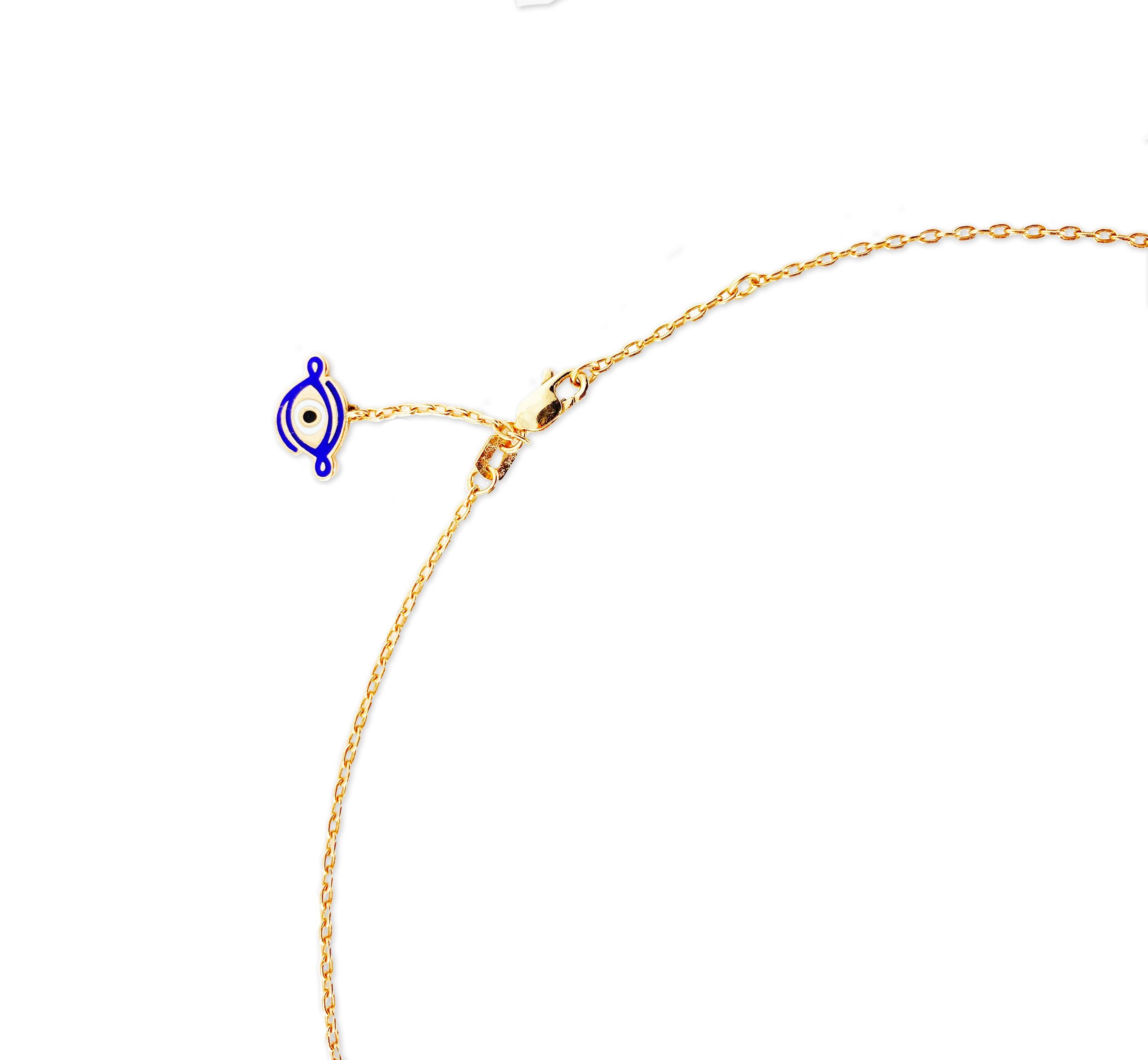 Artisan Evil Eye ID 14 Karat Yellow Gold Charm B Initial Diamond Necklace For Sale