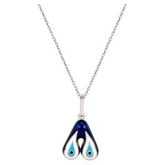 Evil Eye ID Anhänger 14K Weißgold Handgefertigt Blau Türkis Emaille Initial A