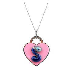 Collier avec étiquette en forme de cœur rose ID Evil Eye avec diamants, initiale S, émail bleu, fabrication artisanale