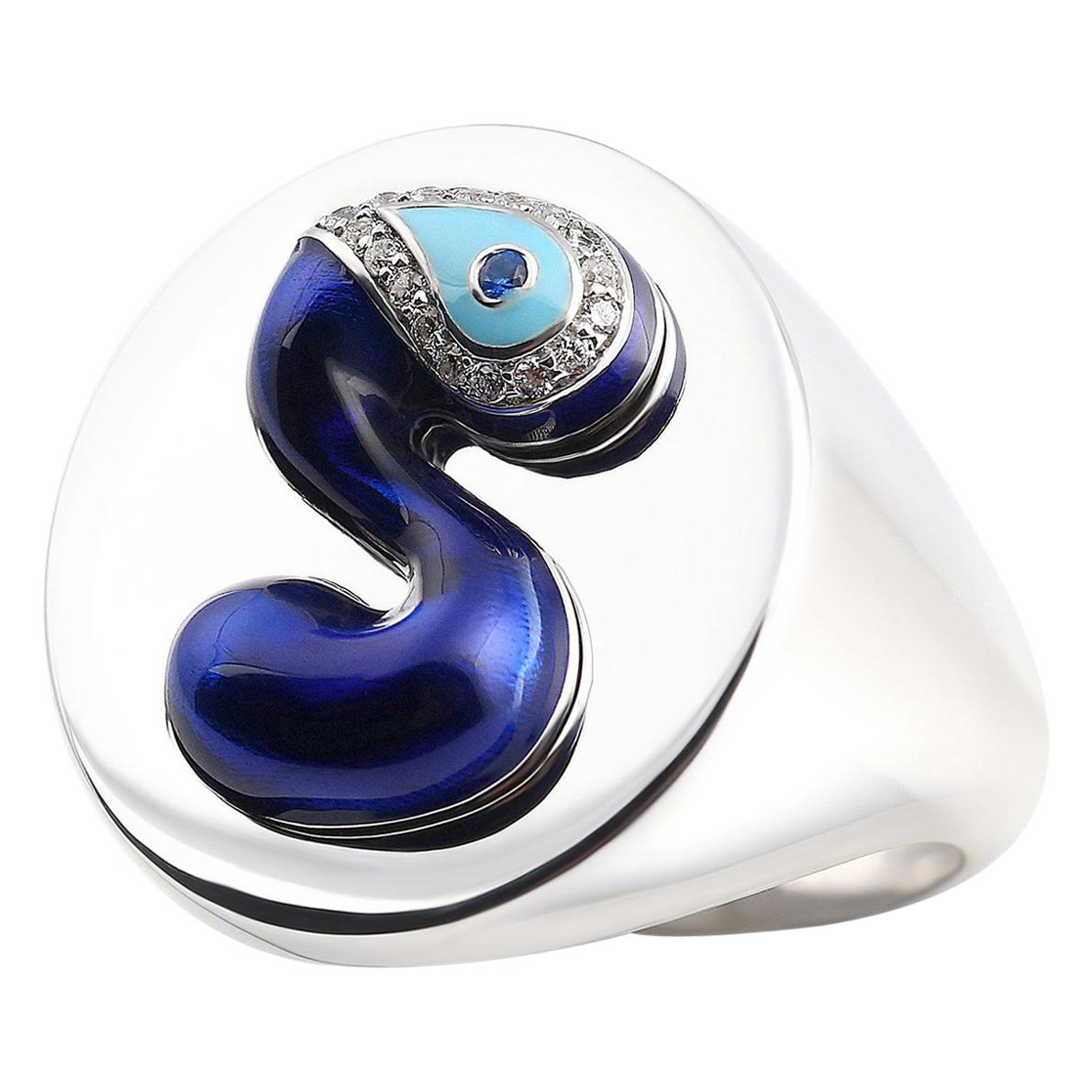 Evil Eye ID Signet Ring S Initial, 14k White Gold, Handcrafting Blue Enamel For Sale