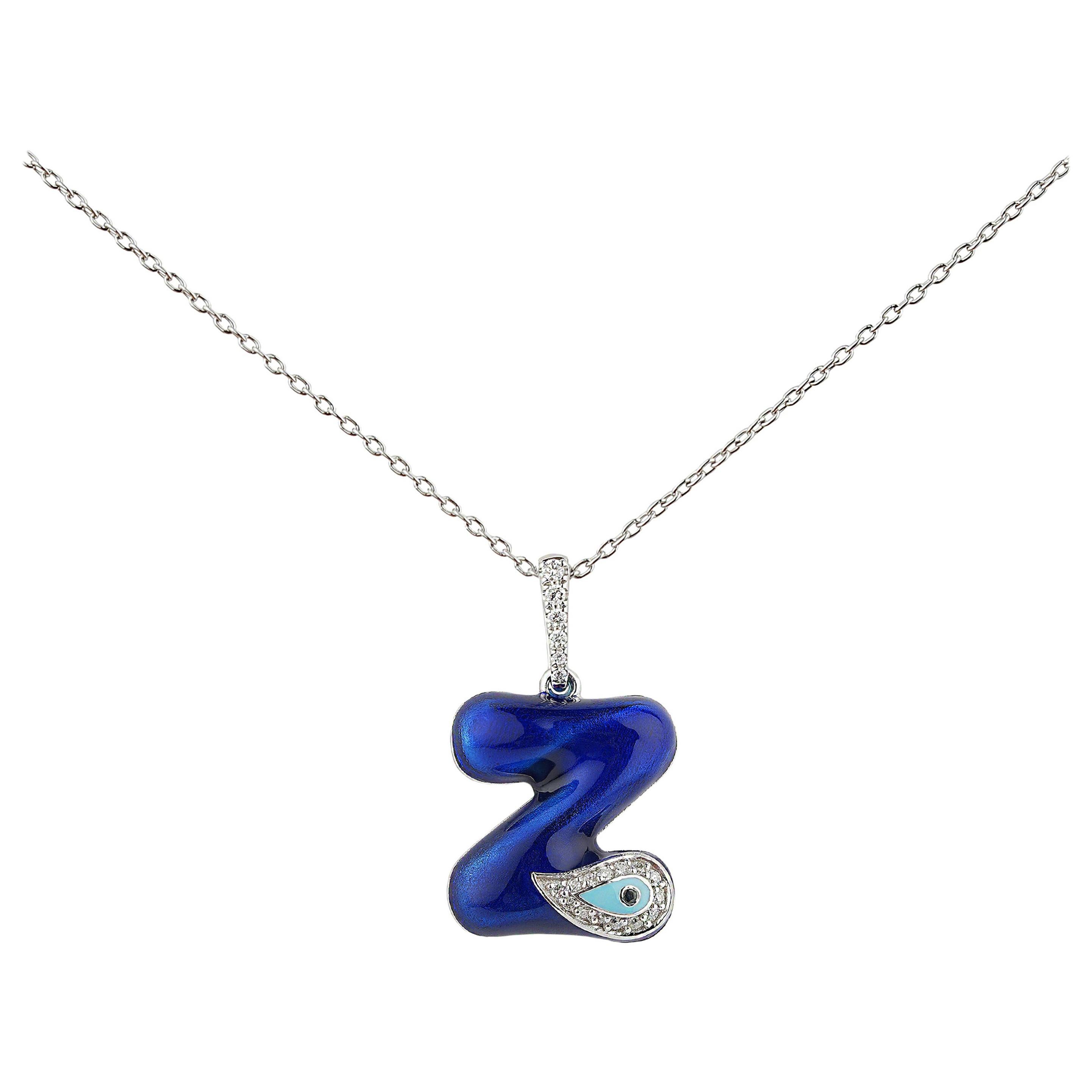 Evil Eye Jewelry Z Letter Charm Necklace, Handmade 14K White Gold Diamond Enamel For Sale